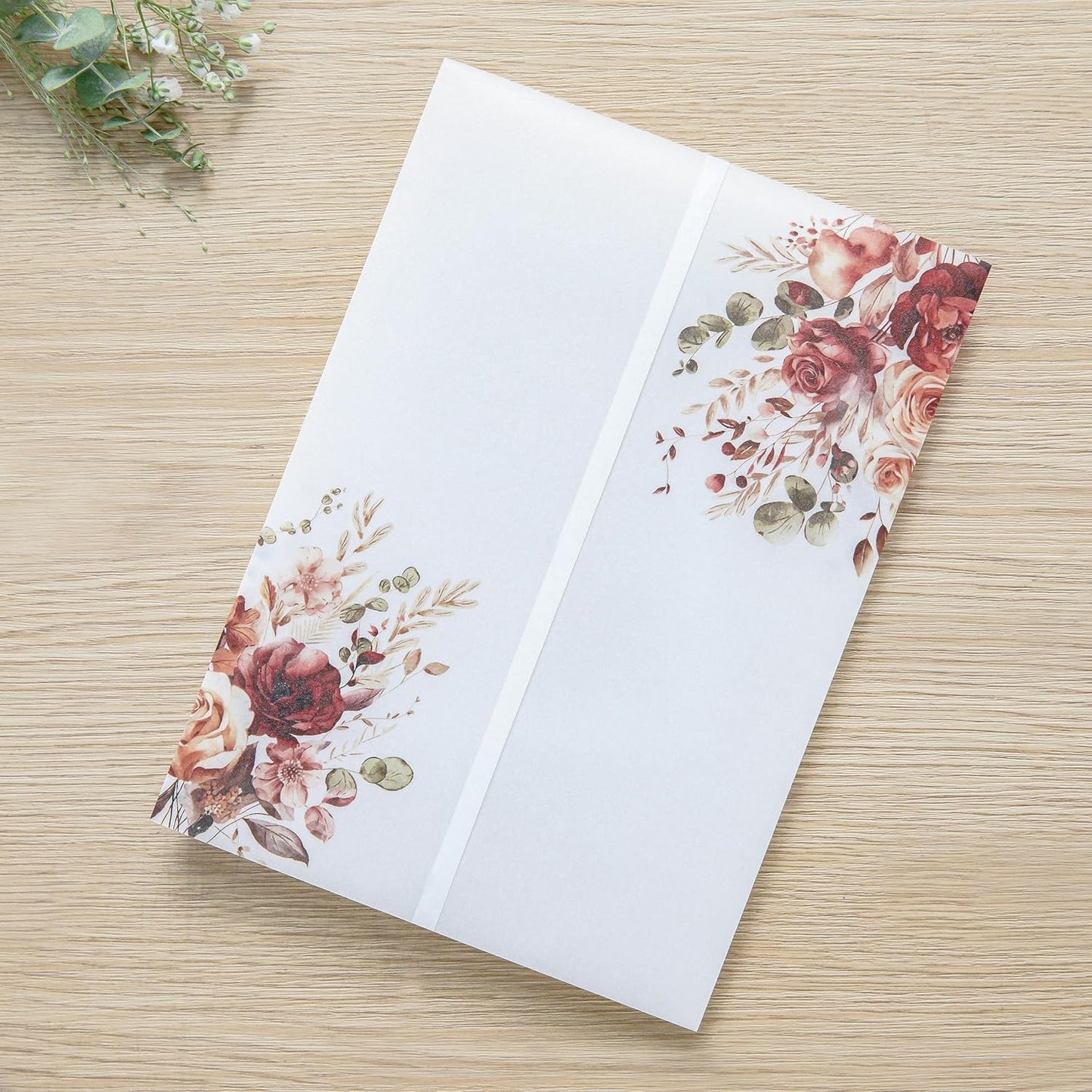 PONATIA 50PCS Vellum Jackets for 5x7 Invitation Cards- 135GSM Burnt Orange Floral Printed Vellum Sleeves, Quinceanera Wedding Invitation Cards Wraps, Transparent Christmas Gift Cards Jackets