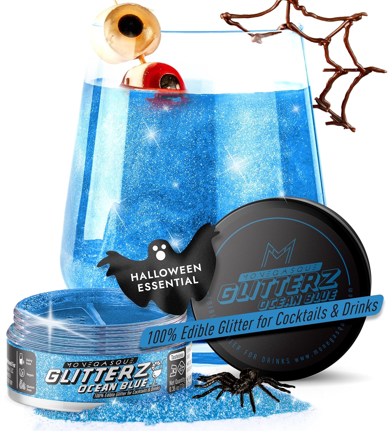 MONÉGASQUE Ocean Blue Edible Glitter for Drinks 10g – Blue Edible Glitter for Cakes & Beverage - Champagne & Halloween Cocktail Drink Shimmer Flakes - Food Decorating & Cake Decorations Spray