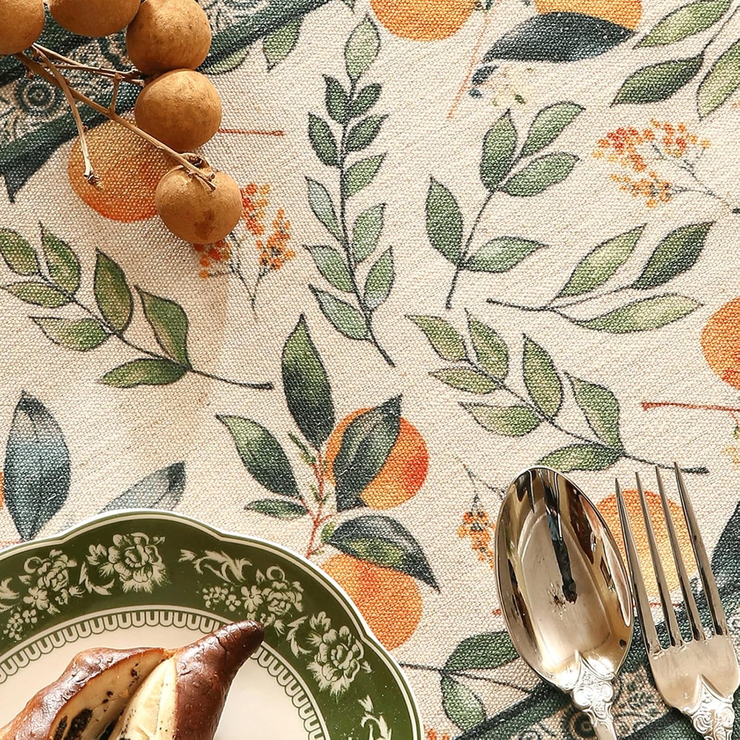 patdrea Designer Vintage Fresh Farmhouse Linen Table Runner 87 Inch Long, Green and Orange Pattern Table Mat, Decor for Kitchen Dining Table Coffee Table Shelf Cabinet Banquet Christmas ,12"*87"