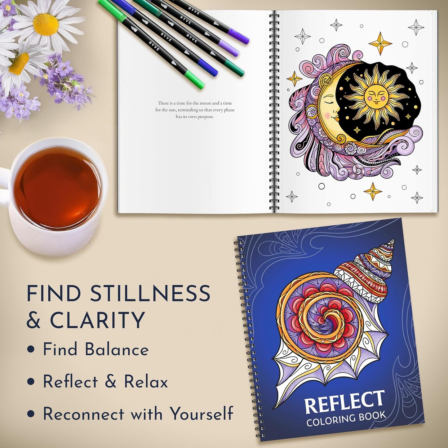 RYVE Coloring Books for Adults Relaxation - Set of 3 Stress Relief Coloring Book with Inspiring Quotes, Adult Coloring Book for Women, Easy Coloring Books for Adults, Stress Relief Gifts for Women