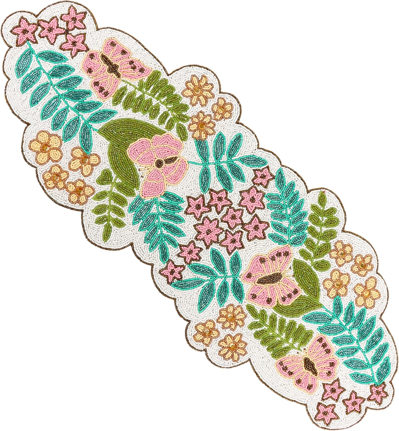 Handmade Beaded Table Runner -35 Inch Spring Floral Runner with Butterflies, Pink Flowers, and Green Leaves -Pastel Table Decor for Easter, Dining Room, Entryway, or Garden Party (Multi) - CLEENTABLE