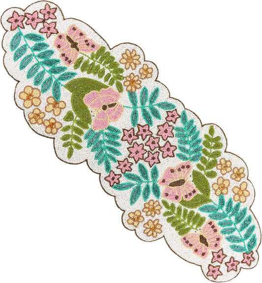 Handmade Beaded Table Runner -35 Inch Spring Floral Runner with Butterflies, Pink Flowers, and Green Leaves -Pastel Table Decor for Easter, Dining Room, Entryway, or Garden Party (Multi) - CLEENTABLE