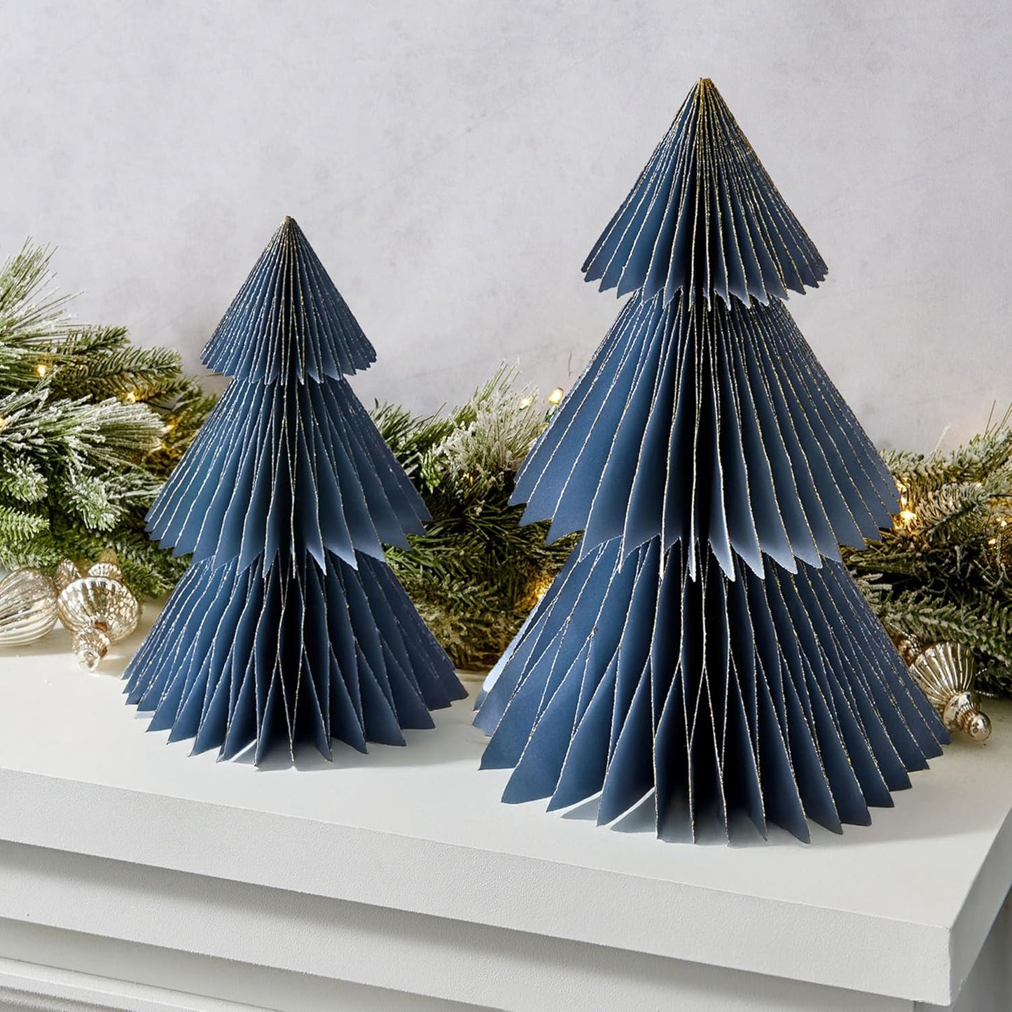 LampLust Winter Ornaments, 2 Pack Dusty Blue Honeycomb Paper Trees, 10 & 12 in, Blue Winter Wonderland Table Centerpieces Decorations for Home Mantel Decor