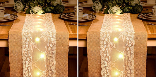 Burlap Table Runner with LED String Lights Rustic 12" x 108" Christmas Tablecloth Lighted Table Runner Farmhouse Decor for Wedding Bridal Shower Xmas Holiday (Pack of 2)