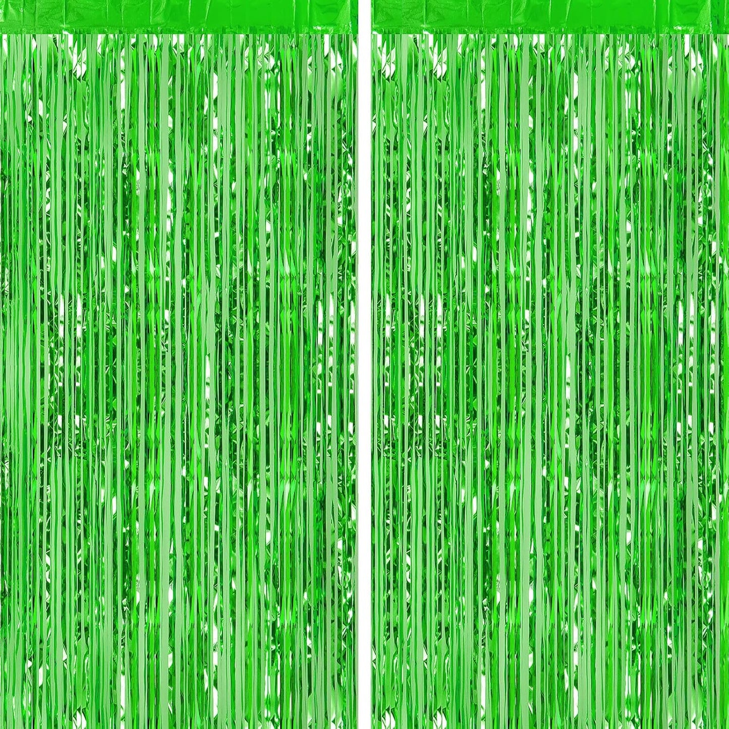 CHRORINE 2pcs 3ft x 8.3ft Green Tinsel Foil Fringe Curtains Streamers Backdrop for Green Birthday Jungle Safari Tropical Party Christmas Decorations