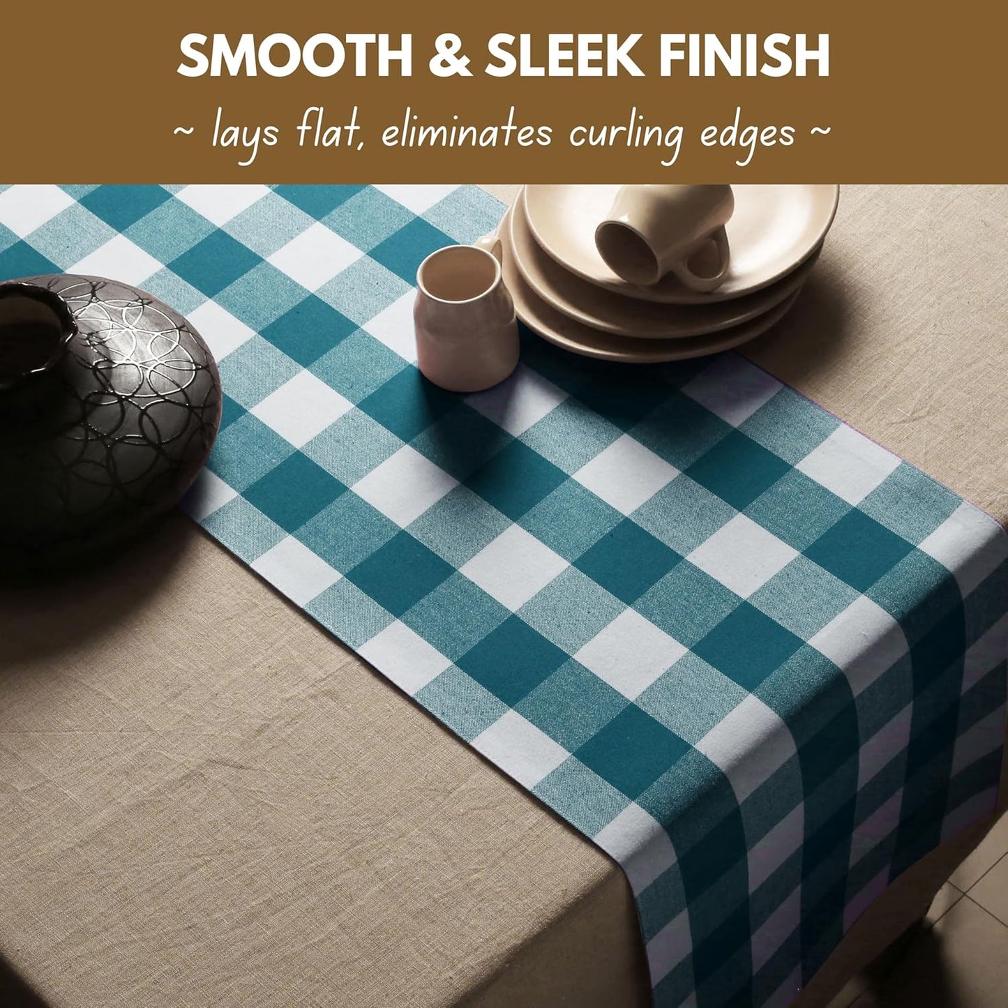 Native Fab Buffalo Checkered Plaid Table Runner, 100% Cotton, 13x108 Inches, Rustic Farmhouse Kitchen and Dining Décor, Ideal for Weddings, Birthdays, Holiday Gatherings, Teal Green