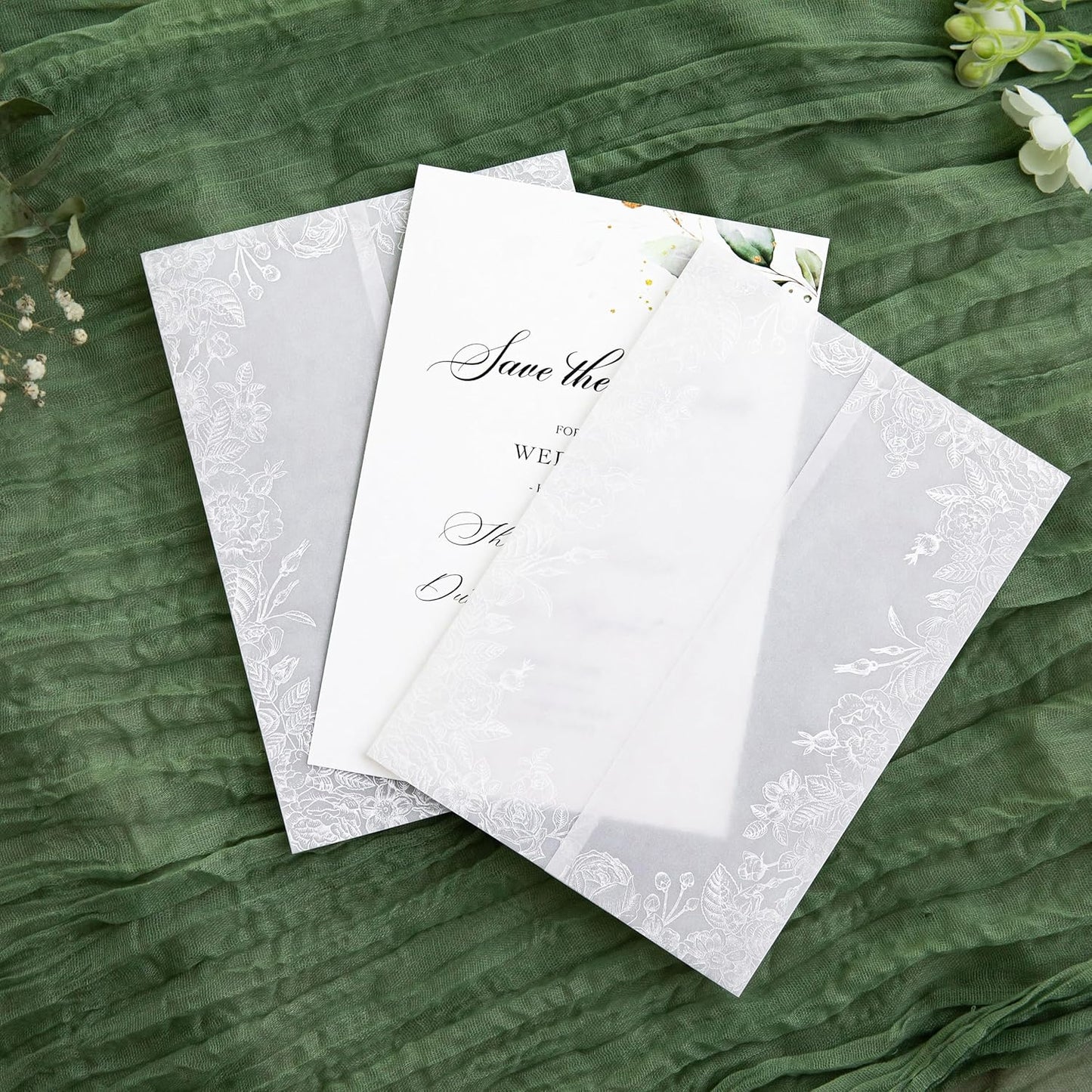 PONATIA 50PCS White Vellum Jackets for 5x7 Invitation Cards- 135GSM White Foil Print Flowers Sleeves, Vellum Paper 5x7 Wraps - Transparent Christmas Gift Cards Jackets