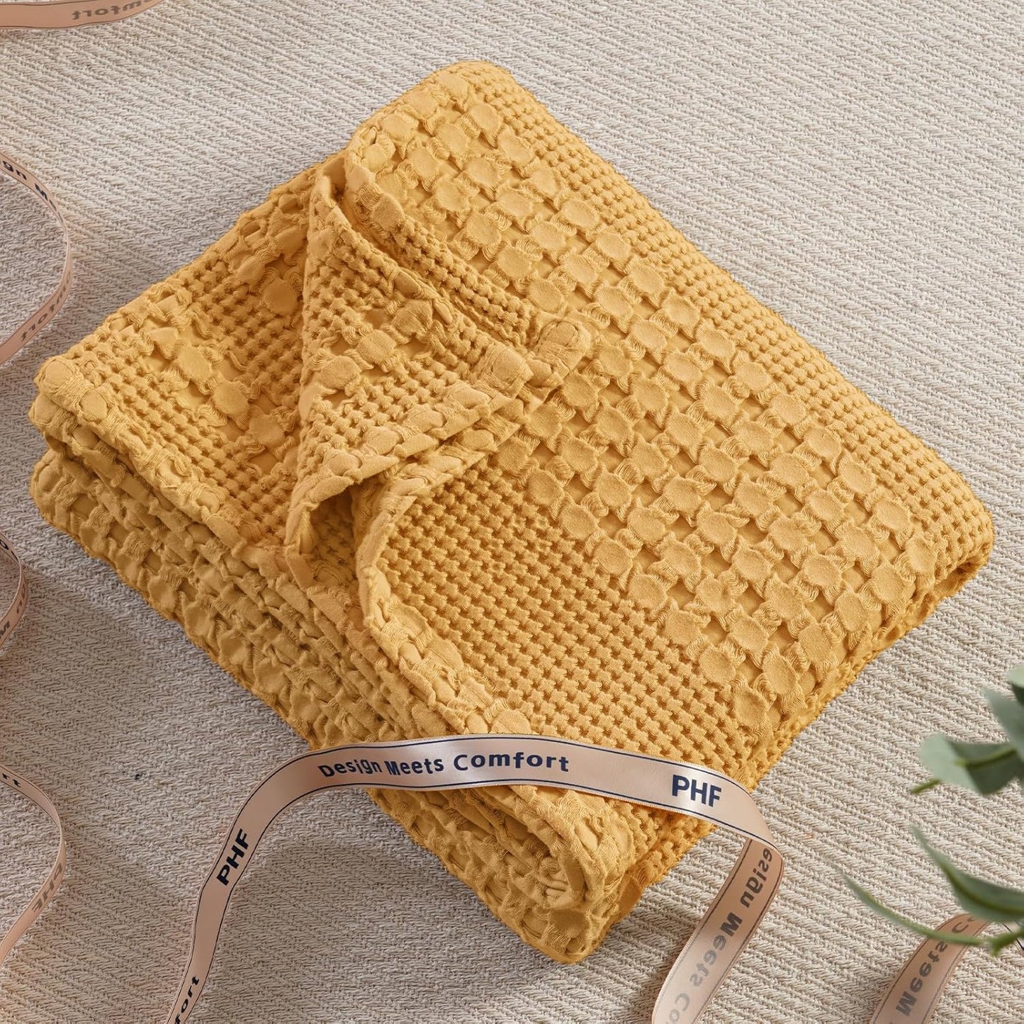 PHF 100% Cotton Waffle Weave Throw Blanket, Soft Lightweight Breathable Cozy Throws for Couch Bed Sofa, Luxury Aesthetic Woven Blanket for Home Decor & Office, 50"x60", Ginger/Honey Yellow