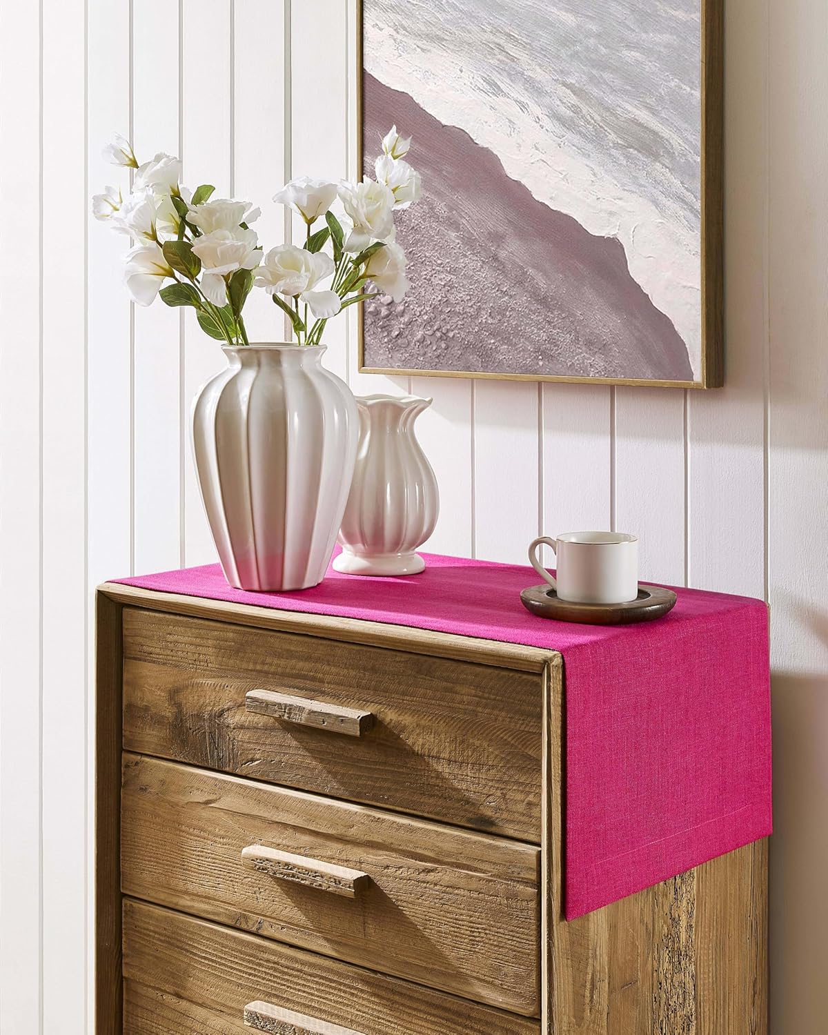 ZeeMart Linen Textured Border Table Runner, 14 x 48 Inch Hot Pink, Farmhouse Style Pink Table Runners 48 Inches Long, Easy Care Everyday Polyester Table Runner