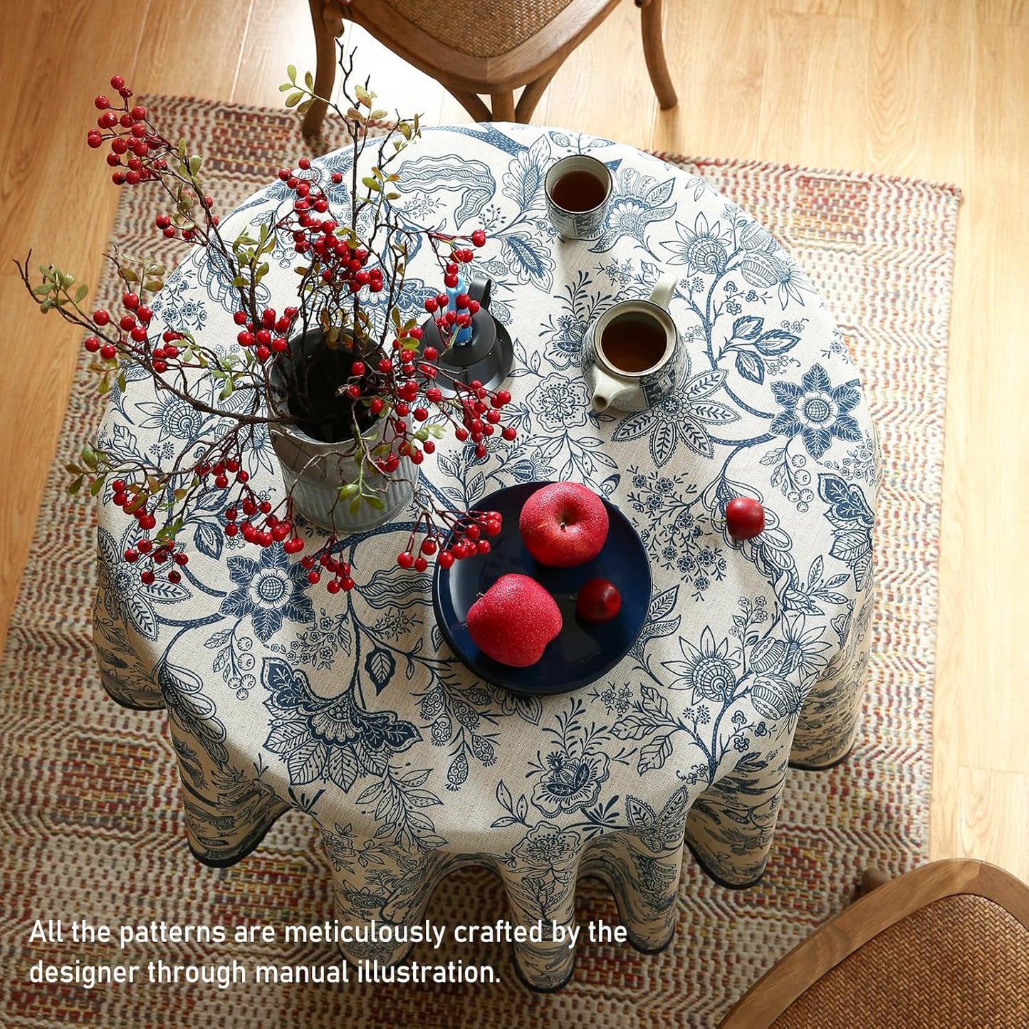 ISAENNE Designer French Linen Round Tablecloth,Blue Floral Washable Indoor Table Cloth,Durable Home Decor Tablecloths for Dining Thanksgiving Kitchen Party Christmas,Diameter 67"-Ruyi B