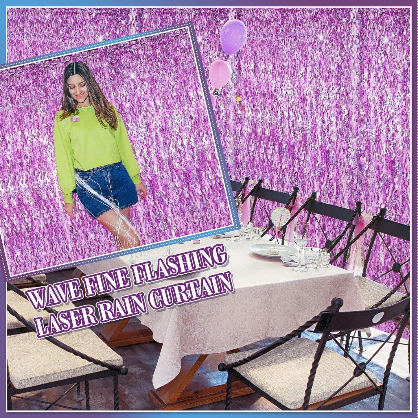 Jutom 6 Pieces 3.3 x 6.6 ft Wavy Tinsel Foil Fringe Curtains Foil Fringe Streamer Backdrop Party Curtain for Sea Mermaid Baby Shower Birthday Party Decoration(Purple)