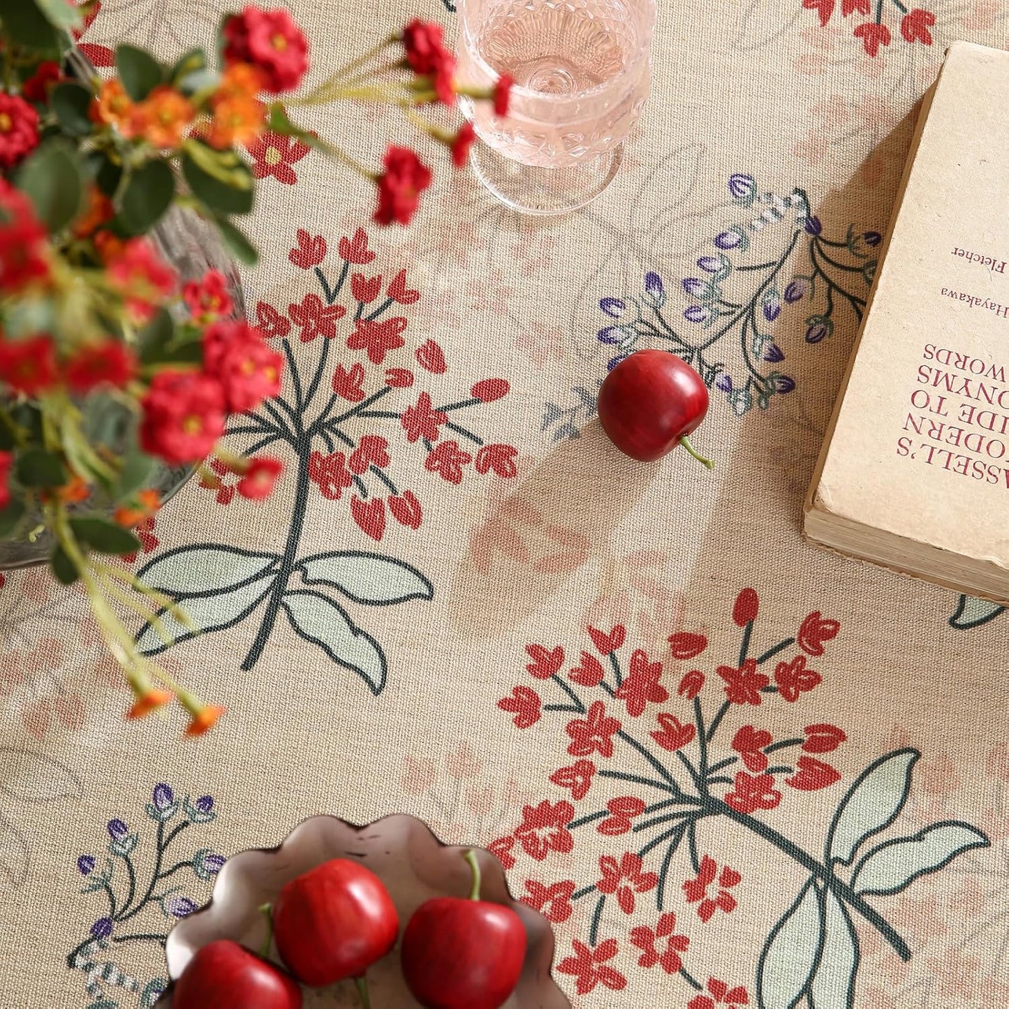 patdrea Designer Vintage Linen Table Cloth for Round Table,Red Floral Durable Breathable Tablecloth,Dacorative for Kitchen Dining,Holiday,Christmas,Thanksgiving,Tea Party,Diameter 55"-Newmari