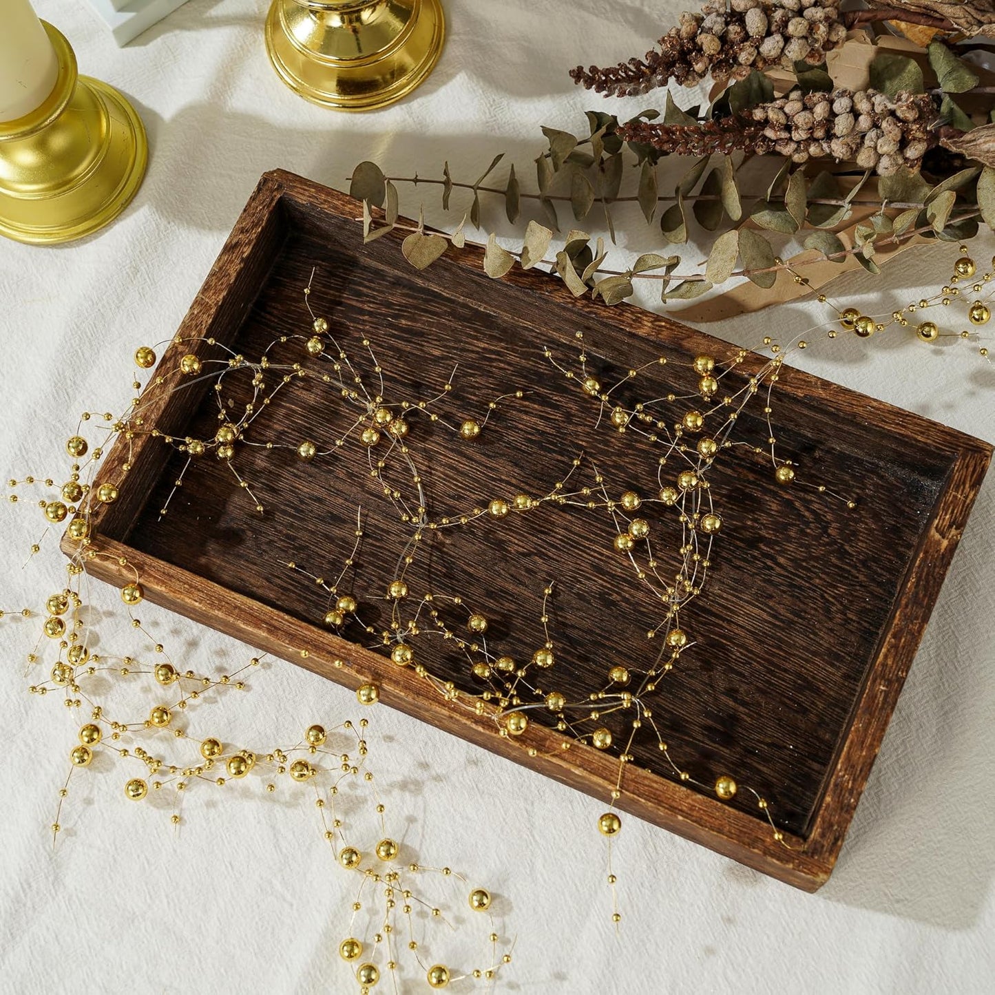 13Feet Pearl String Spool Roll for Floating Candles Faux Pearls Strands Garland for Vase Filler Wedding Centerpiece Christmas Table Decor (Gold)