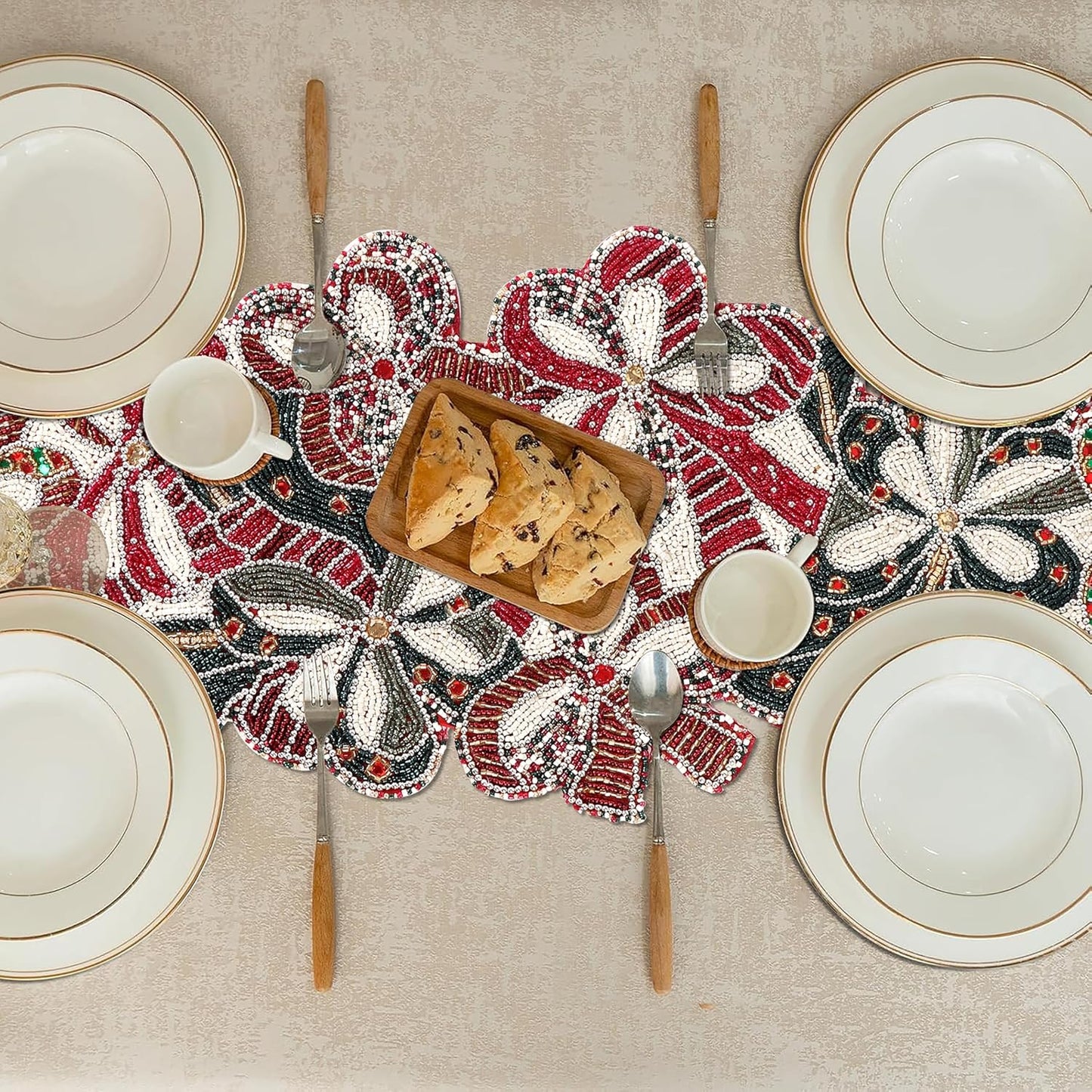 Elegant Glass Beads Table Runner 13x36 - Handcrafted Beaded Table Linen, Perfect for Weddings, Festive Celebrations, Dining Tables, Home Décor, and Everyday Use (Red White) - CLEENTABLE