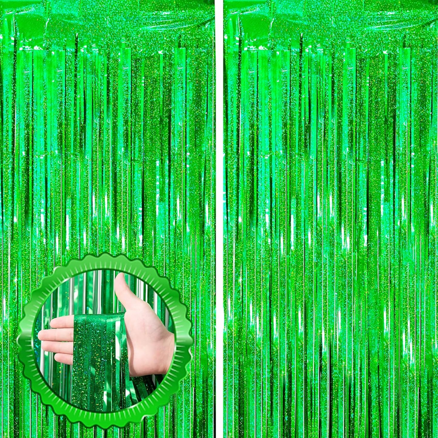 2 Pack Laser Green Tinsel Foil Fringe Curtains, Green Party Decorations, Metallic Tinsel Party Streamers Backdrop for Birthday Baby Shower St Patrick's Day Christmas Party Decorations
