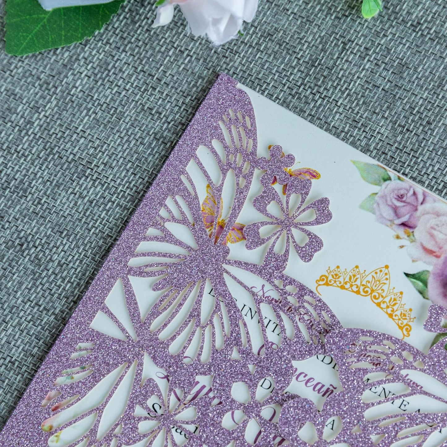20 PCS 5.12x7.2 Butterfly Quinceanera Invitation, Laser Cut Wedding Invitation Cards with Envelopes for XV Anos Bridal Shower Baby Shower Invite (Purple Glitter)