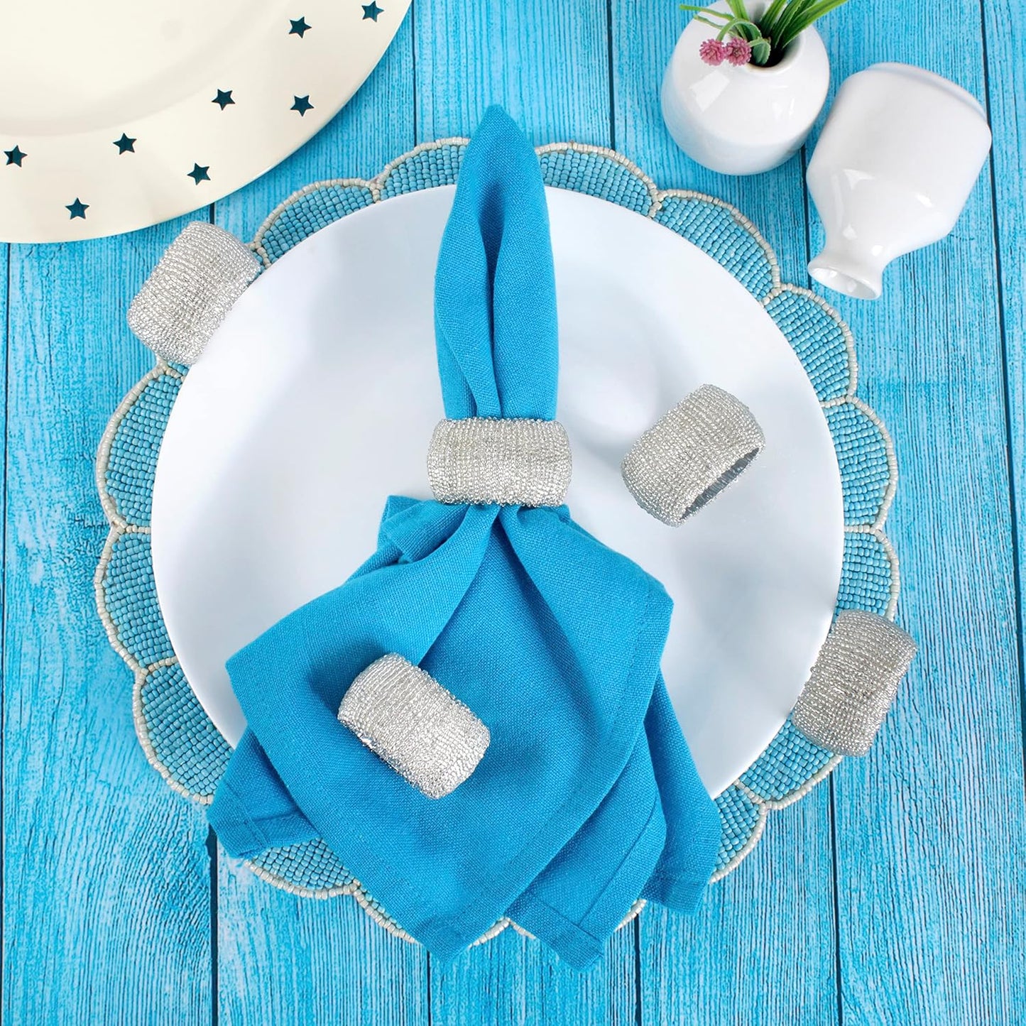 Decorative Beaded Napkin Rings Set of 12 - Rhinestone Serviette Holder for Table Décor, Christmas, Thanksgiving, Weddings, Parties, Artisan Festive Luxury Dining Napkin Holders (Silver) - CLEENTABLE