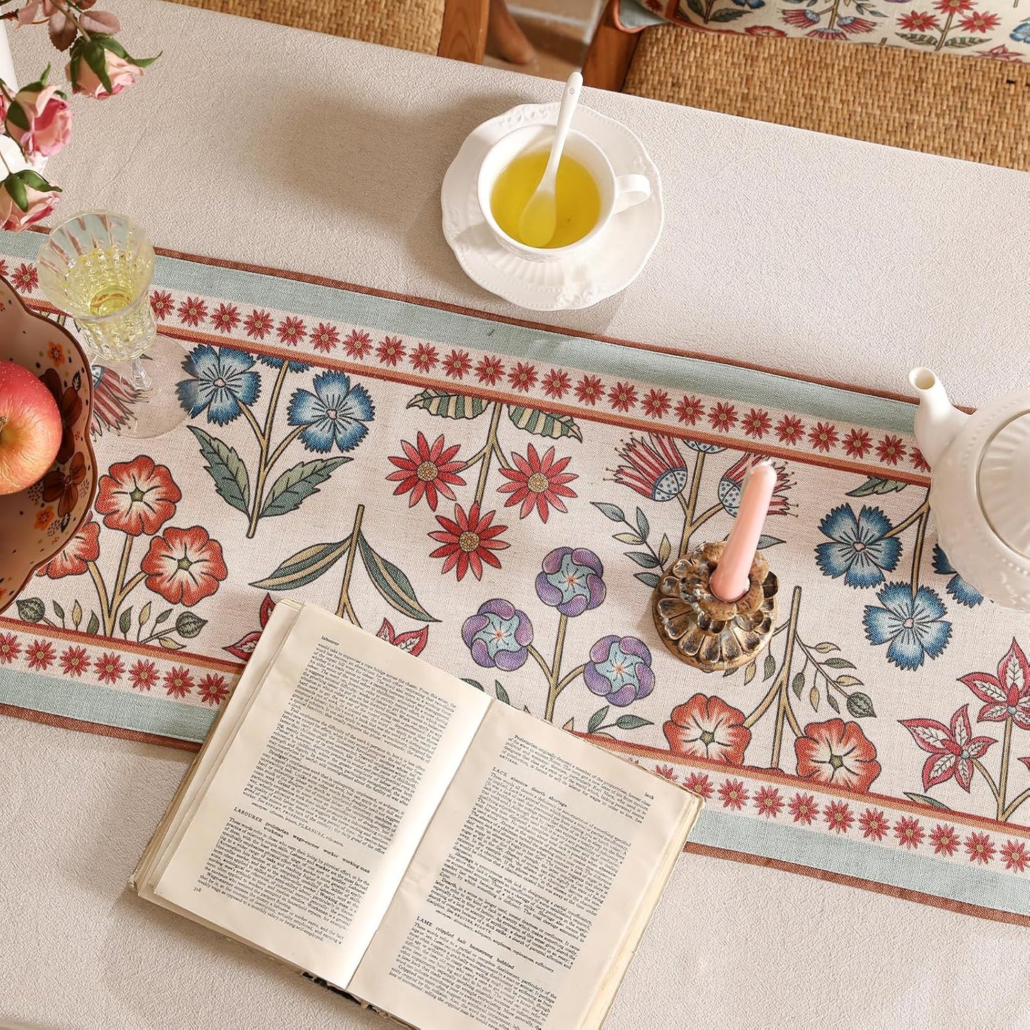 Decorative Linen Small Table Runner 63 Inches Long,Green Floral Rustic Fall Runner for Table Decor Tabletop Table Runners for Kitchen,Dining,Party,Home,Christmas,12"*63"