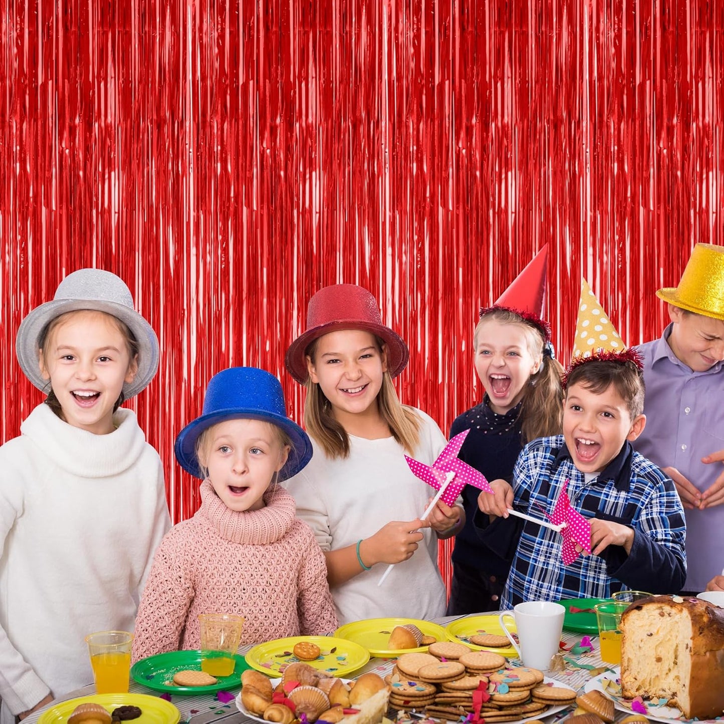 4 Pack Red Backdrop, 3.28 FT x 7.05 FT Party Streamer, Metallic Birthday Tinsel Backdrop Foil Fringe Curtains, Door Streamer for Red Party Decorations Casino Decor Photo Booth Props