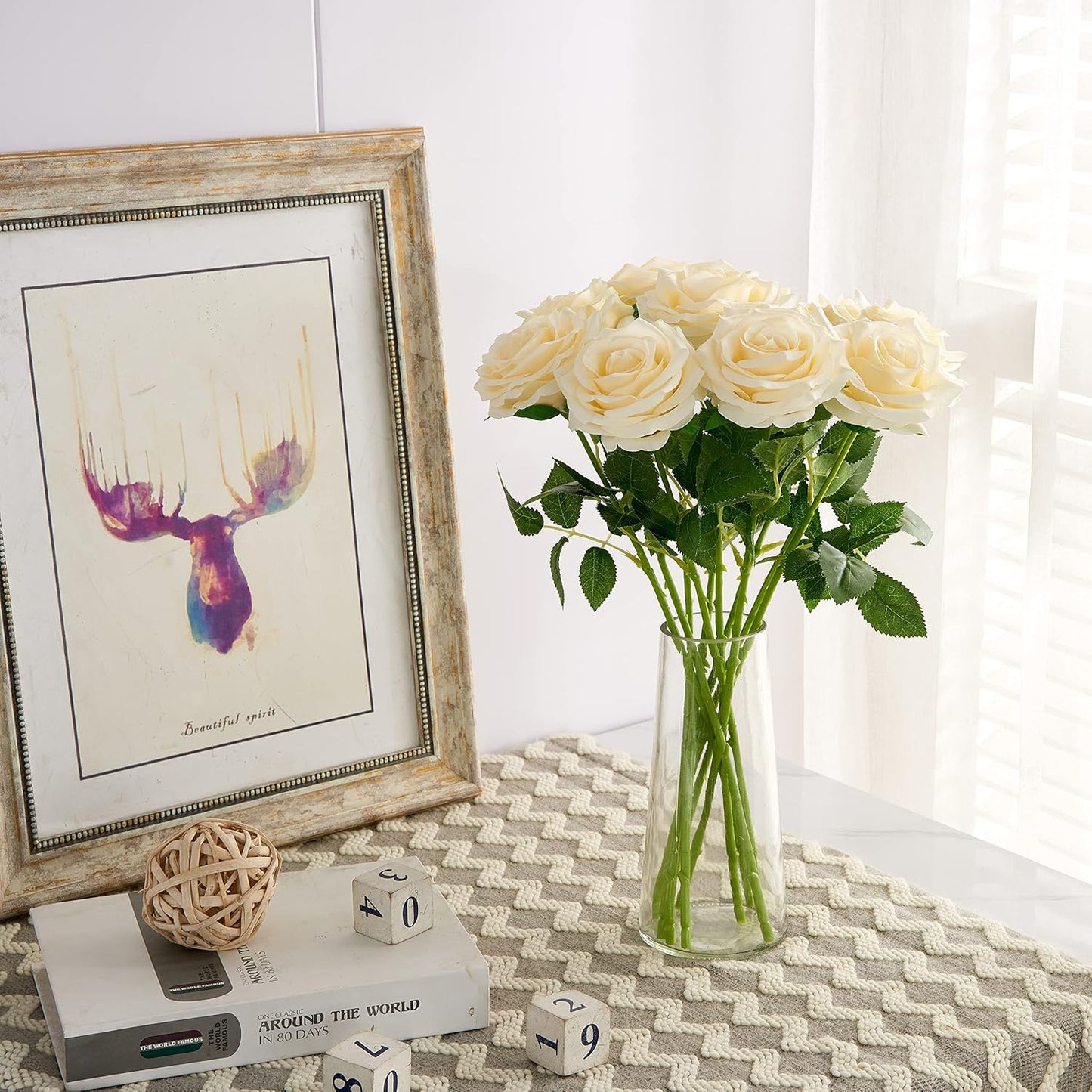 Artificial Rose 10pcs Open Flower Bouquet Faux Rose Stems for Wedding Arrangement, Bridal Bouquet, Centerpiece, Fake Faux Silk Flowers (Ivory)