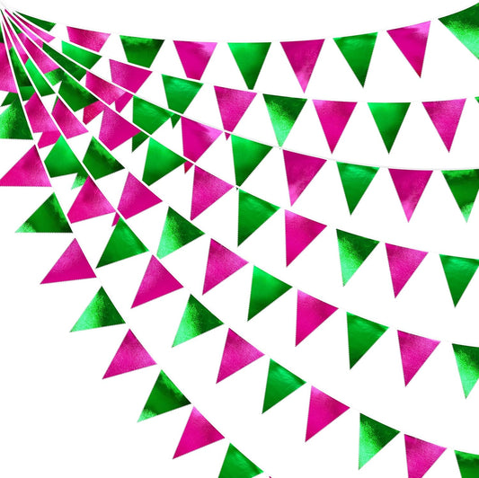 Pink and Green Party Decorations Metallic Hot Pink Light Green Fabric Triangle Pennant Banner Flag Bunting Garland for Witches Theme Birthday Wedding Baby Shower Engagement Bachelorette Party Supplies