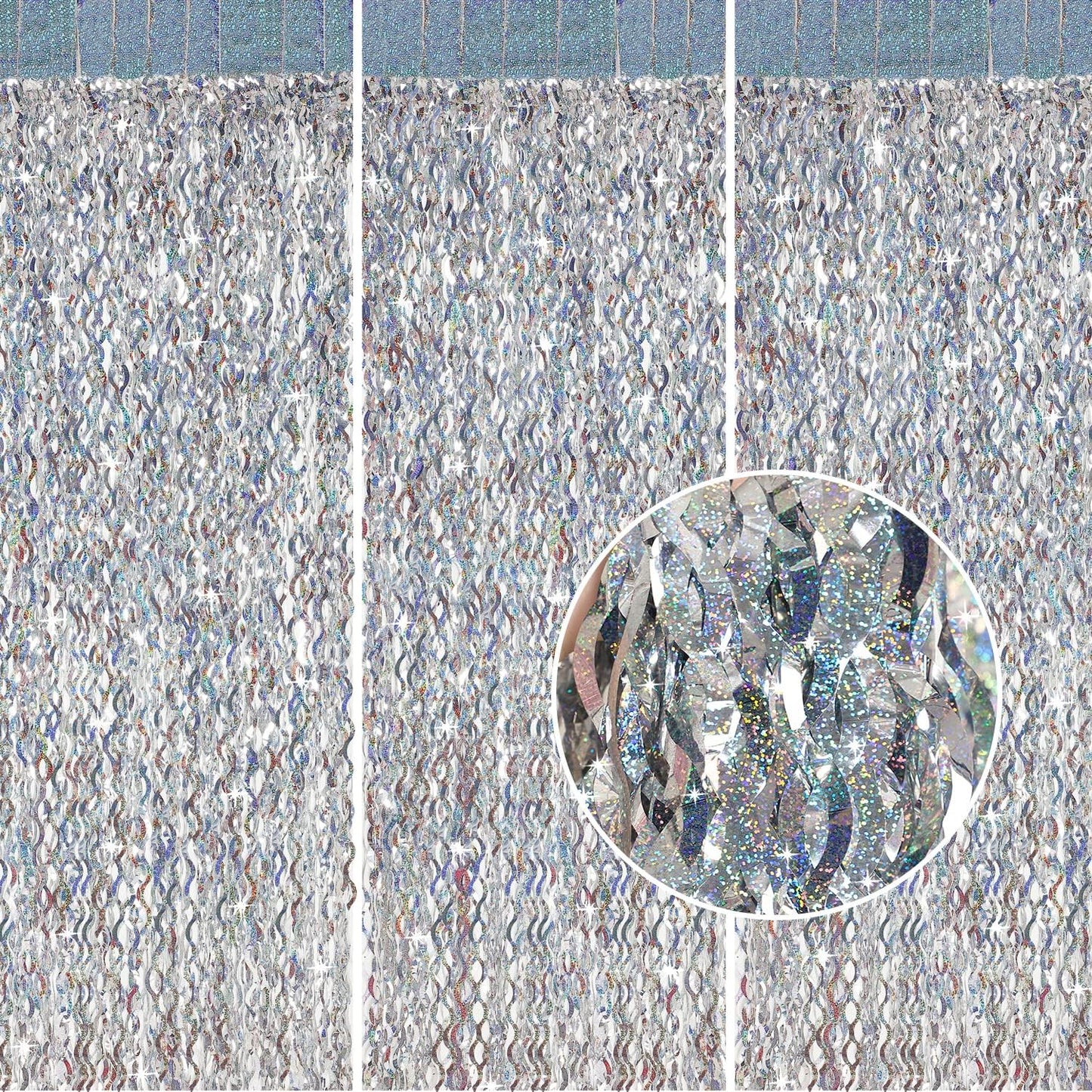 Silver Tinsel Backdrop- CYLMFC 3 Pack 3.3 ft x 6.6 ft Streamer Foil Fringe Curtain for Birthday Party Christmas Graduation Decor