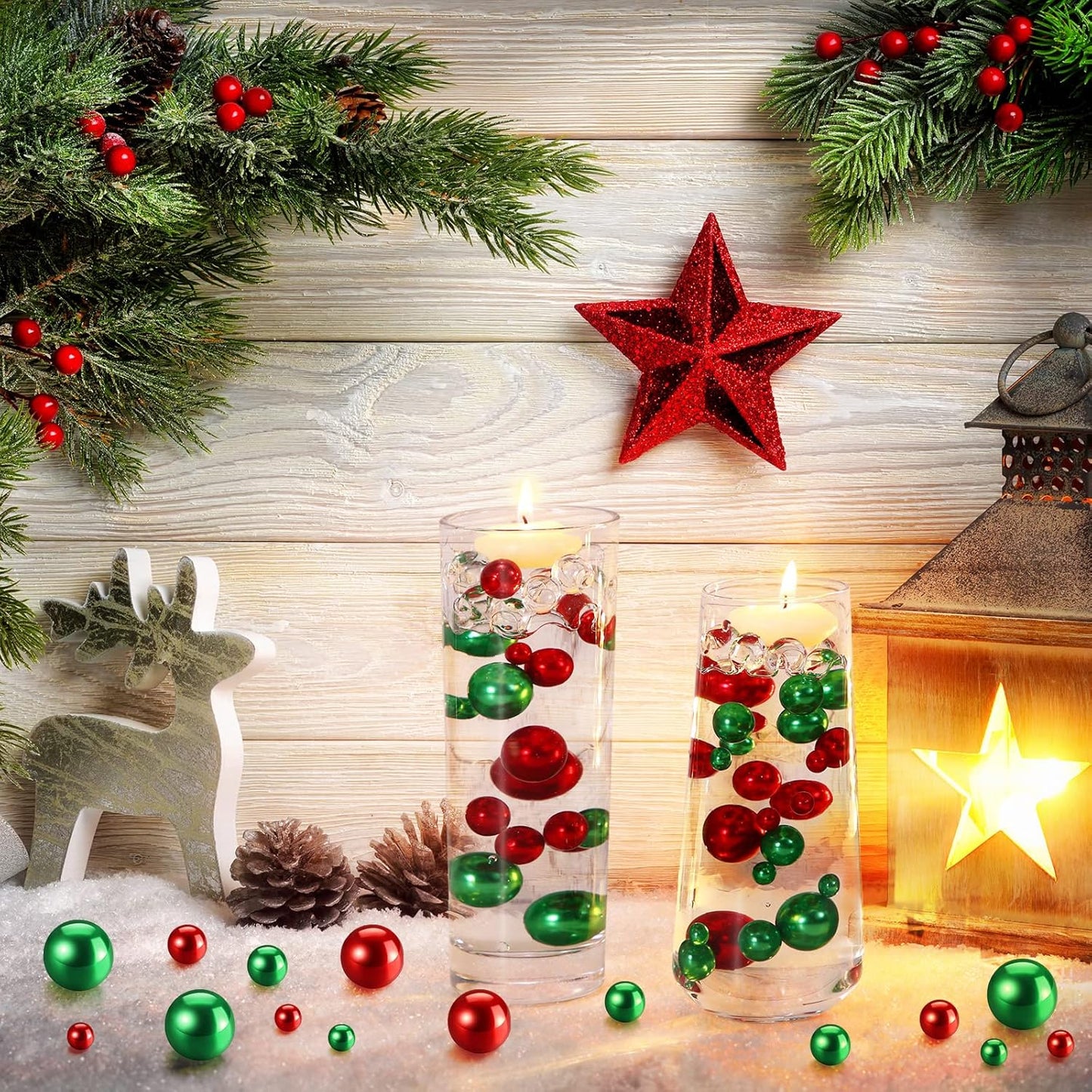 150 Pieces Vase Filler Faux Pearls Vase Makeup Beads No Hole Gloss Bead Mixed Sizes Round Pearl for Home Party Wedding Decor, 8/14/20 mm(Red, Green)