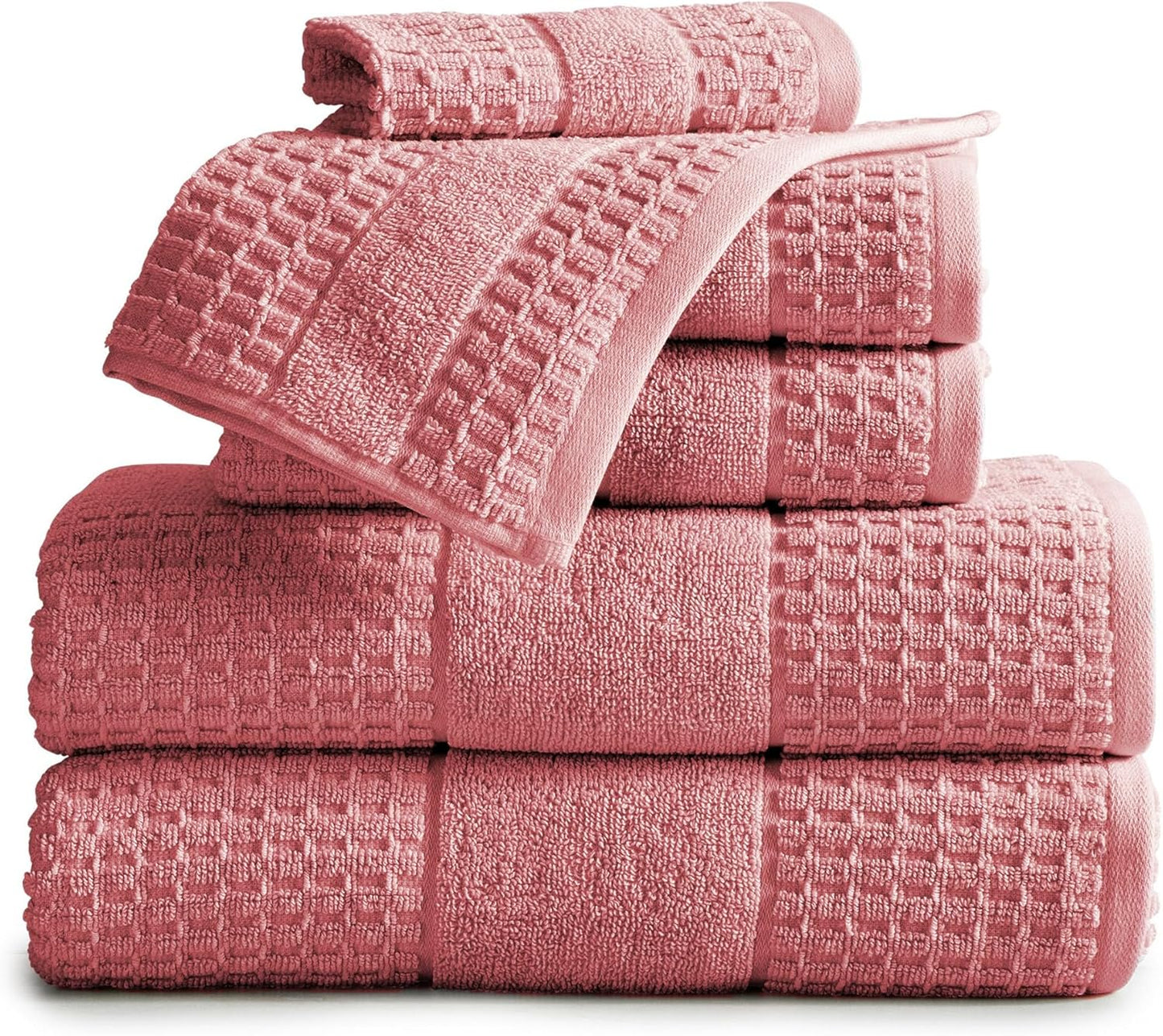 100% Cotton Super Soft Luxury Towel Set | Quick-Dry and Highly Absorbent | Waffle Textured | 550 GSM | 2 Bath Towels, 2 Hand Towels, & 2 Washcloths | Harper Collection (Rose)