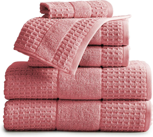 100% Cotton Super Soft Luxury Towel Set | Quick-Dry and Highly Absorbent | Waffle Textured | 550 GSM | 2 Bath Towels, 2 Hand Towels, & 2 Washcloths | Harper Collection (Rose)