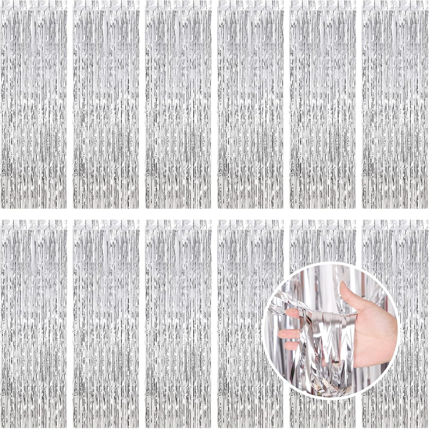 Silver Fringe Curtain Party Streamers, 12 Pack 3.3ft x 8.2ft Foil Curtain Backdrop Tinsel Foil Fringe Curtains Photo Booth Backdrop Streamer for Birthday, Wedding, Baby Shower, Disco Party