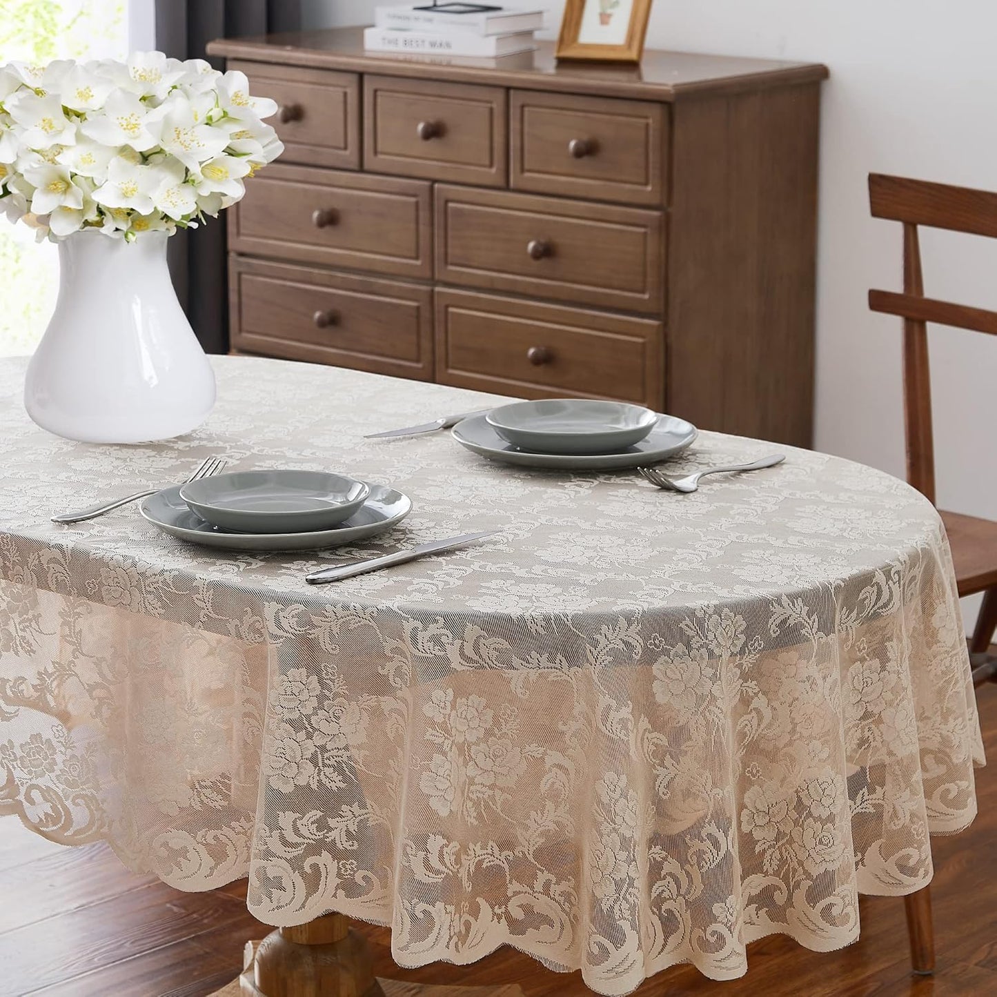 LinenZone Linen Oval Tablecloth for Rustic Vintage Decor. Sheer Lace Tablecloth Works Great As Wedding, Thanksgiving or Christmas Decor (Mia Oval 104, Linen)