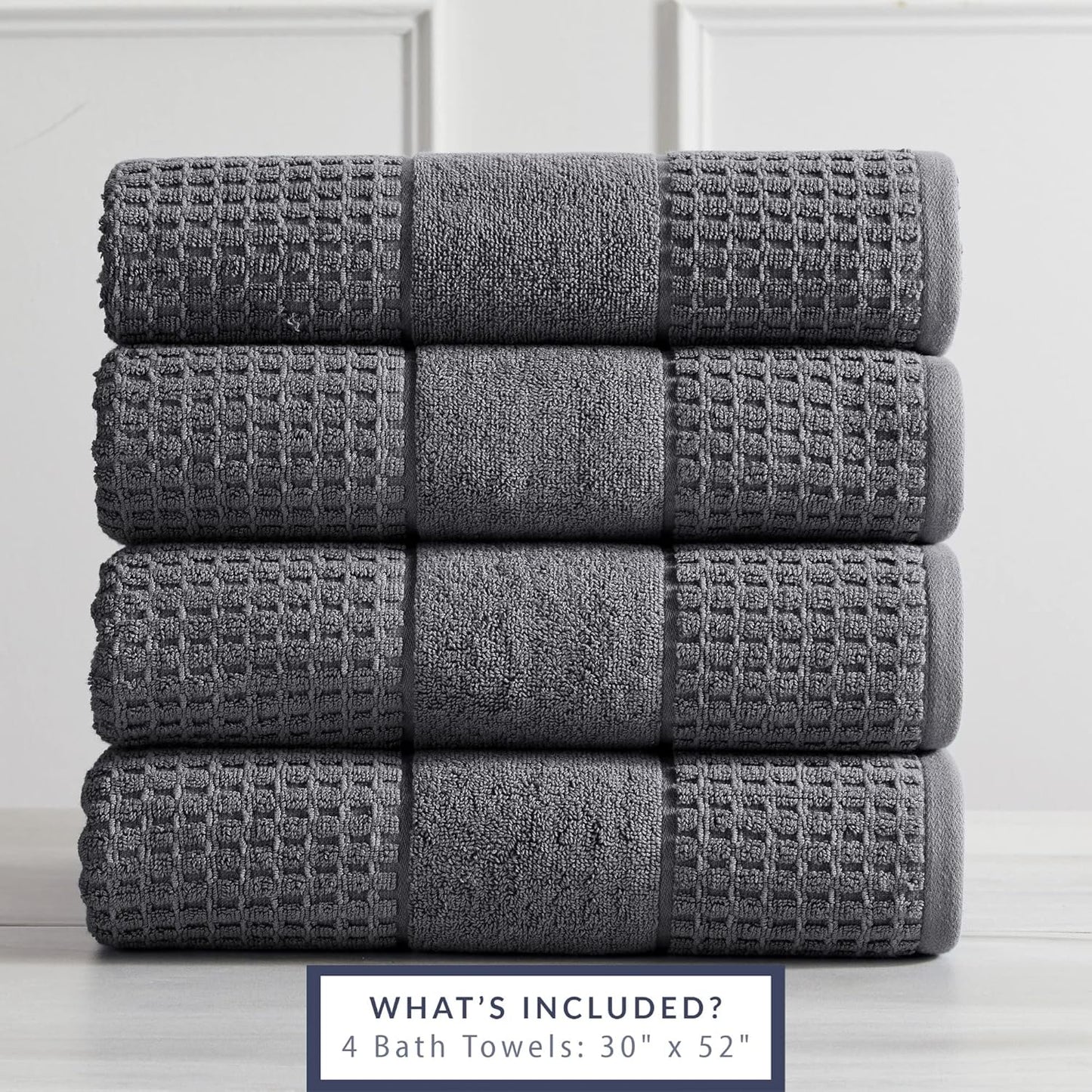 100% Cotton Super Soft Luxury Bath Towel Set | Quick-Dry and Highly Absorbent | Waffle Textured | 550 GSM | Includes 4 Bath Towels | Harper Collection (Dark Grey)