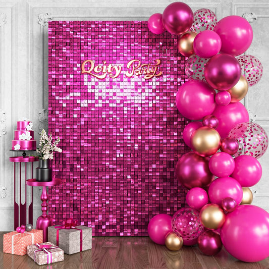 Qcity Hot Pink Shimmer Wall Backdrop 24PCS, Black Back Not See-Through Design, Square Sequin Glitter Backdrop Panel, Perfect for Outdoor Events, Birthdays, Wedding and Party Decoration