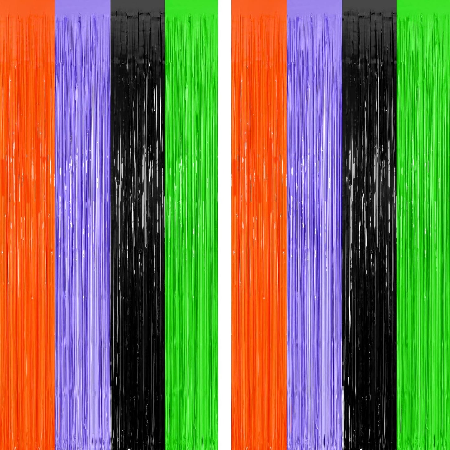 2 Pack Halloween Backdrop, 3.28 FT x 7.05 FT Orange Purple Black Green Party Streamer, Metallic Foil Curtains Tinsel Backdrop, Halloween Party Decorations Photo Props for Door Wall