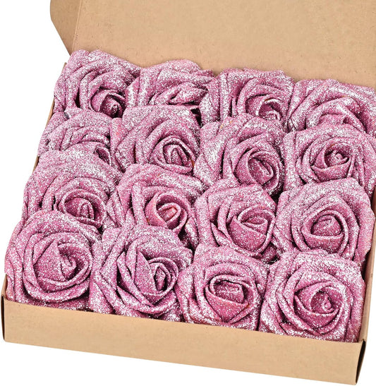 BLEUM CADE 16Pcs Artificial Flowers Fake Roses with Stems, Pink Glitter Boxed Foam Roses for DIY Bouquets Centerpieces Wedding Party Arrangement Bridal Shower Decor