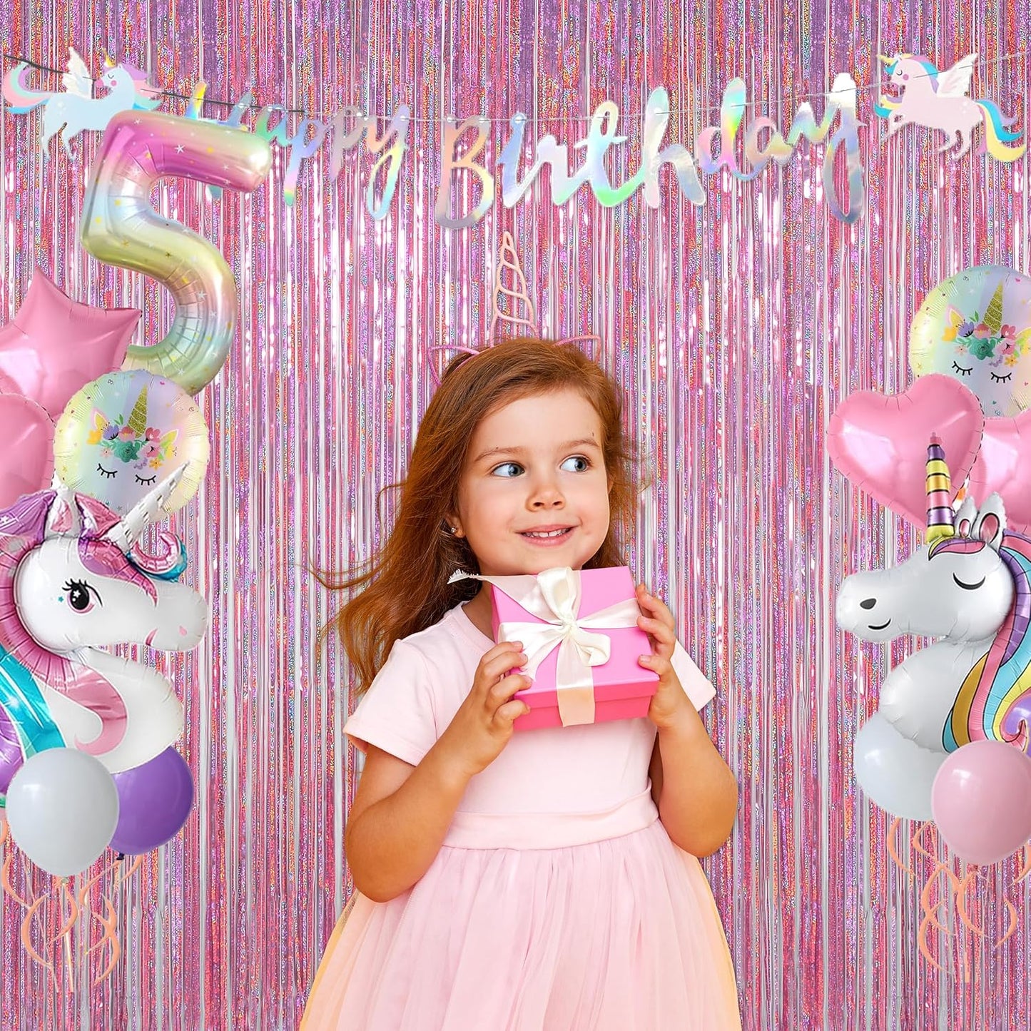 Melsan Pink Tinsel Curtains Backdrop, 3.2 ft x 8.2 ft Sparkle Metallic Foil Curtains for Unicorn Mermaid Princess Party Photo Background Decoration, 2 Pack