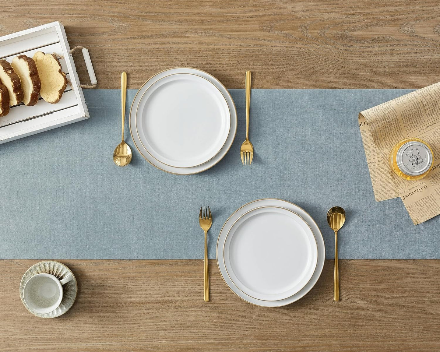 ZeeMart Linen Textured Border Table Runner, 14 x 60 Inch Blue, Farmhouse Style Dusty Blue Table Runners 60 Inches Long, Easy Care Everyday Polyester Table Runner