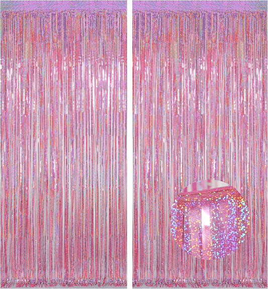 Melsan Pink Tinsel Curtains Backdrop, 3.2 ft x 8.2 ft Sparkle Metallic Foil Curtains for Unicorn Mermaid Princess Party Photo Background Decoration, 2 Pack