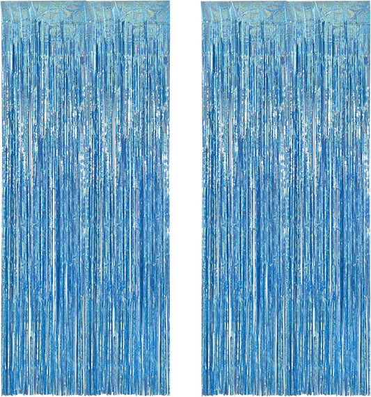 BRAVESHINE Light Blue Tinsel Foil Fringe Curtains - 2Pcs 3.2x8.2 ft Metallic Holiday Photo Booth Backdrop for Easter Birthdays Mermaid Frozen Sea Bachelorette Party Streamers Decorations
