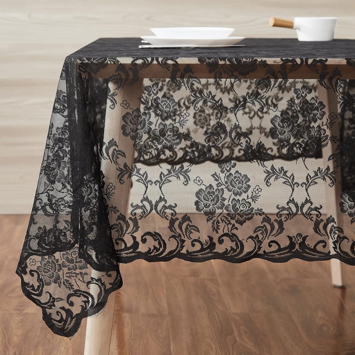 LinenZone Black Rectangle Tablecloth for Rustic Vintage Decor. Sheer Lace Tablecloth Works Great As Wedding Table Cloth or Christmas Table Cover (Mia TC 60 x 144, Black)