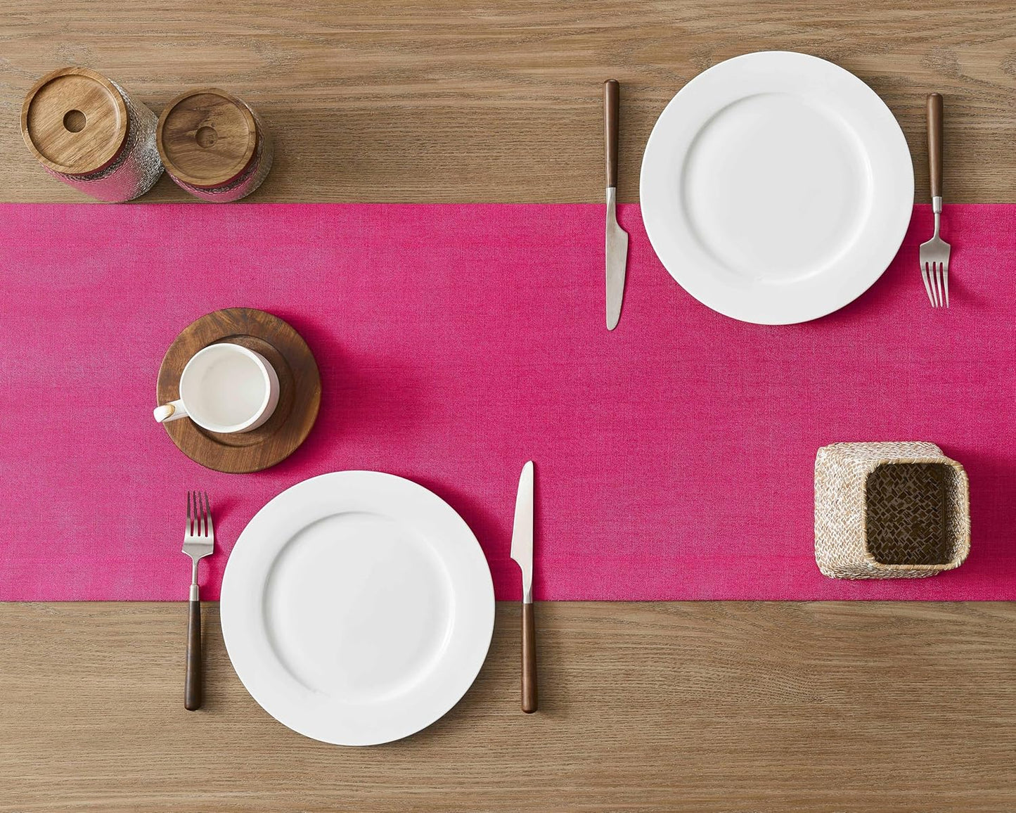 ZeeMart Linen Textured Border Table Runner, 14 x 60 Inch Hot Pink, Farmhouse Style Pink Table Runners 60 Inches Long, Easy Care Everyday Polyester Table Runner