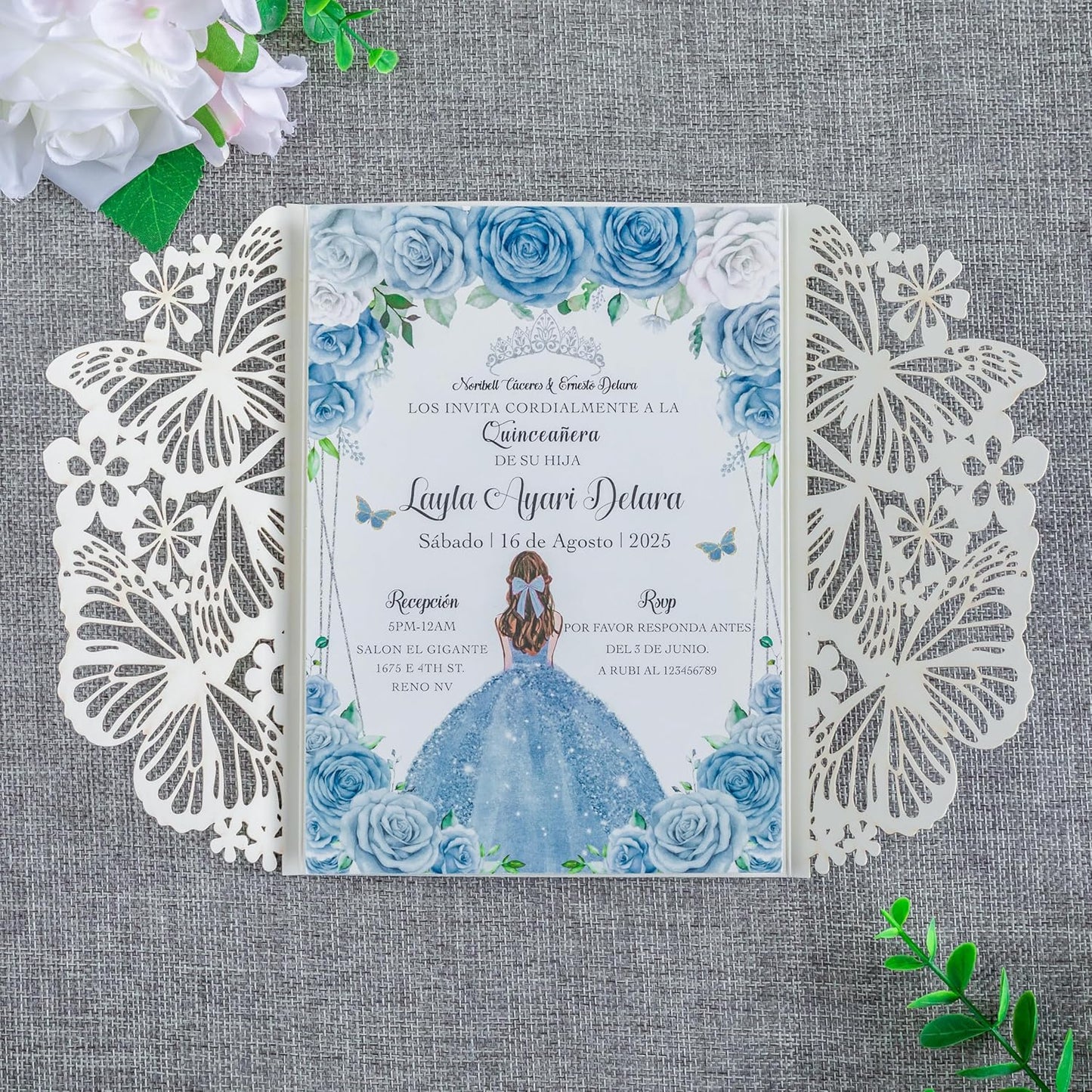 20 PCS 5.12x7.2 Butterfly Personalized Quinceanera Invitation, Customized XV Anos Laser Cut Invitation Cards with Envelopes (Silver Glitter Personalized)