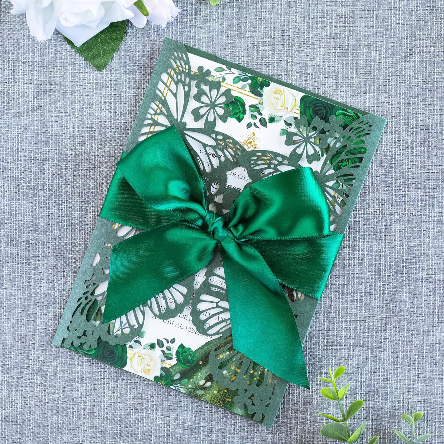 20 PCS 5.12x7.2 Butterfly Personalized Quinceanera Invitation, Customized XV Anos Laser Cut Invitation Cards with Envelopes (Emerald Green Personalized)