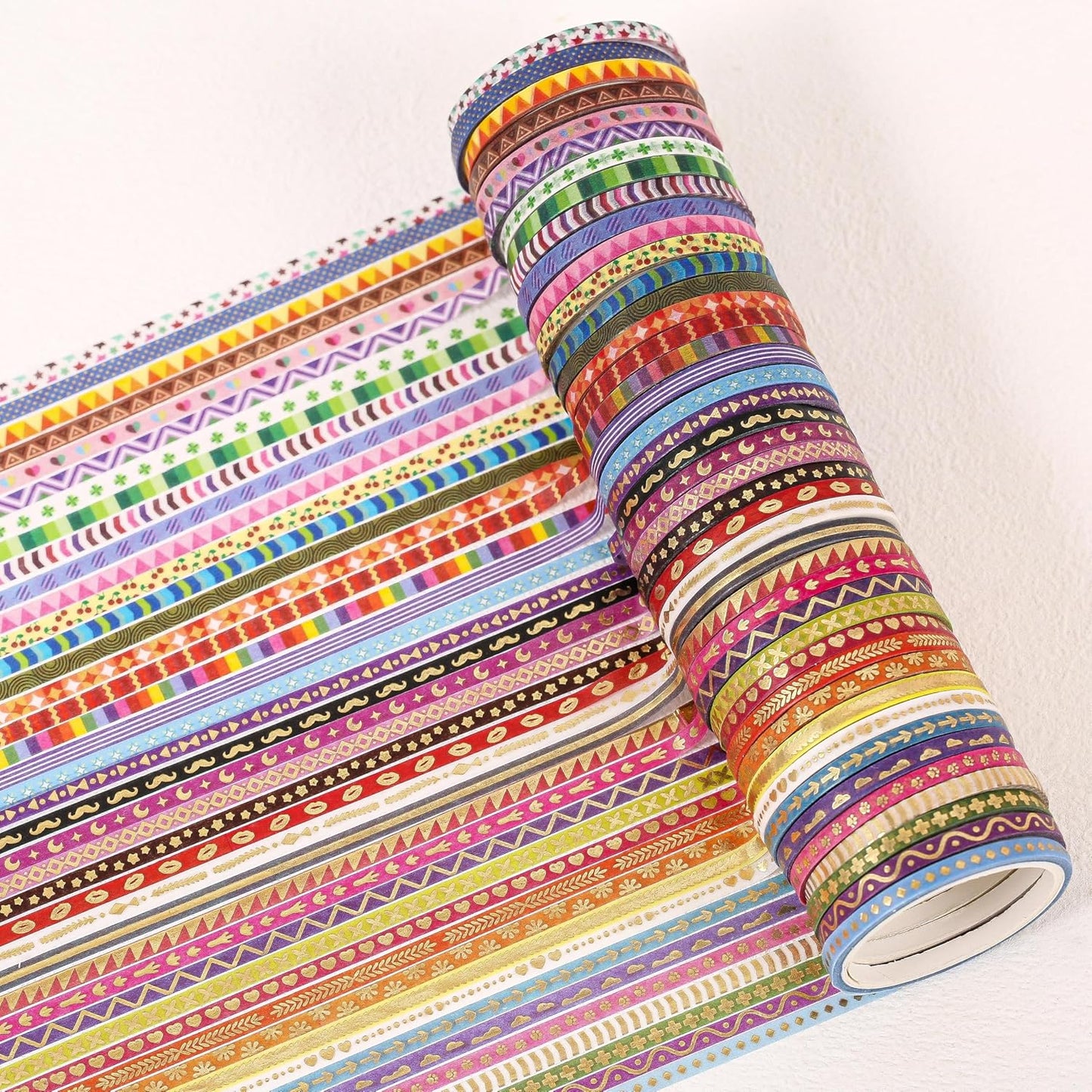 emmoolife 50 Rolls Skinny Washi Tape Set 3mm Wide, Gold Foil Print Masking Thin Basic Patterns Decorative Tapes for Scrapbooking, Junk Journal Supplies, Bullet Journaling, Craft Tape for Women Girl