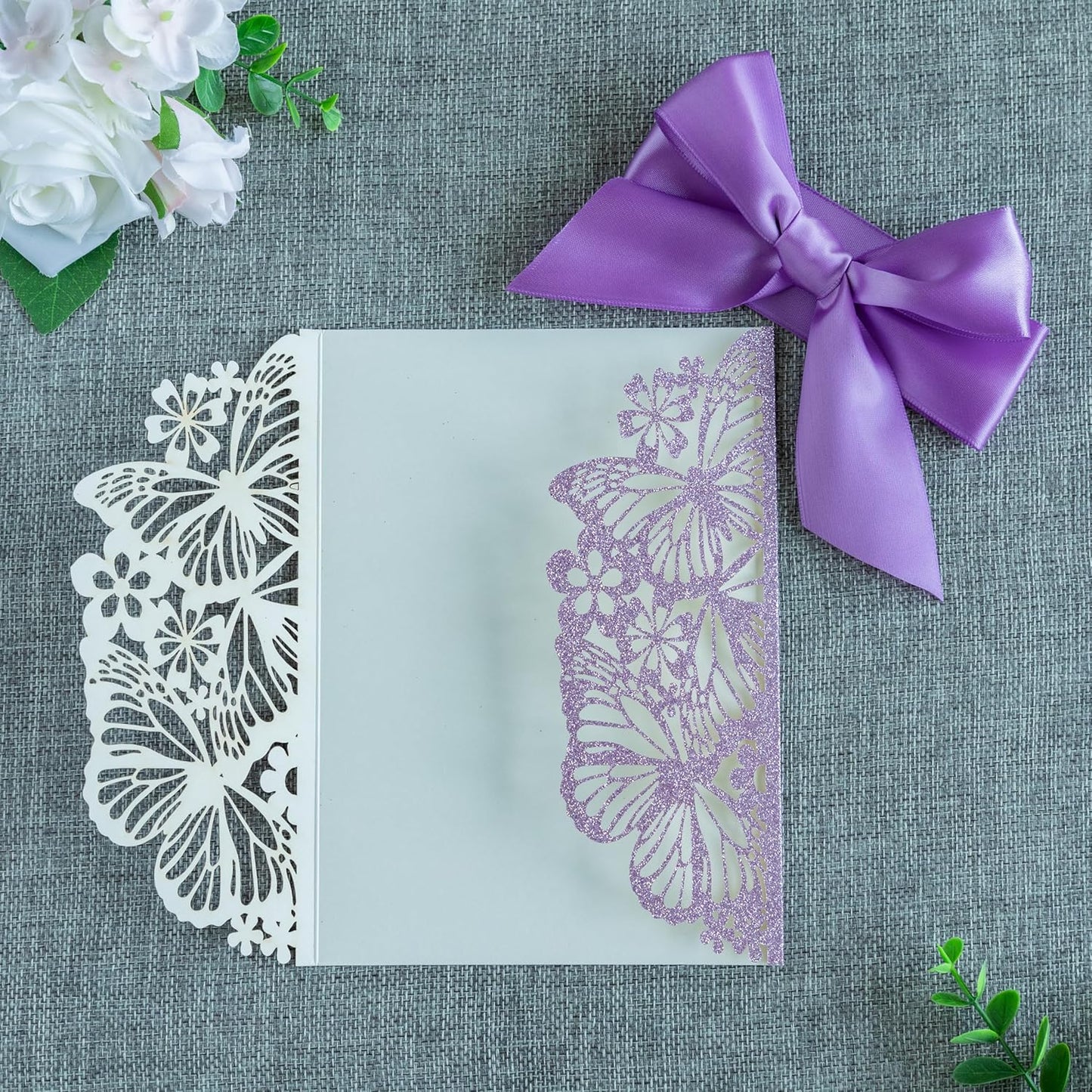 20 PCS 5.12x7.2 Butterfly Quinceanera Invitation, Laser Cut Wedding Invitation Cards with Envelopes for XV Anos Bridal Shower Baby Shower Invite (Purple Glitter)