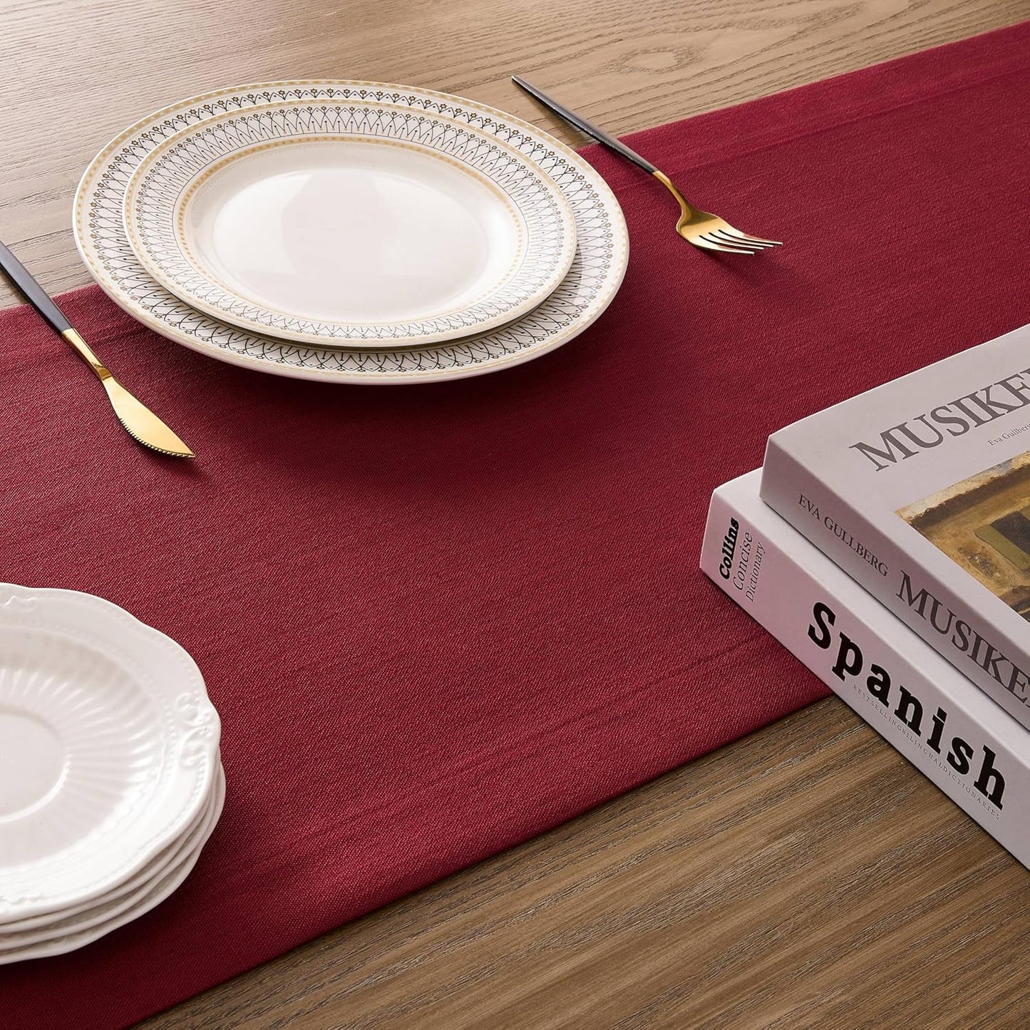 ZeeMart Linen Textured Border Table Runner, 14 x 72 Inch Red, Farmhouse Style Red Table Runners 72 Inches Long, Easy Care Everyday Polyester Table Runner