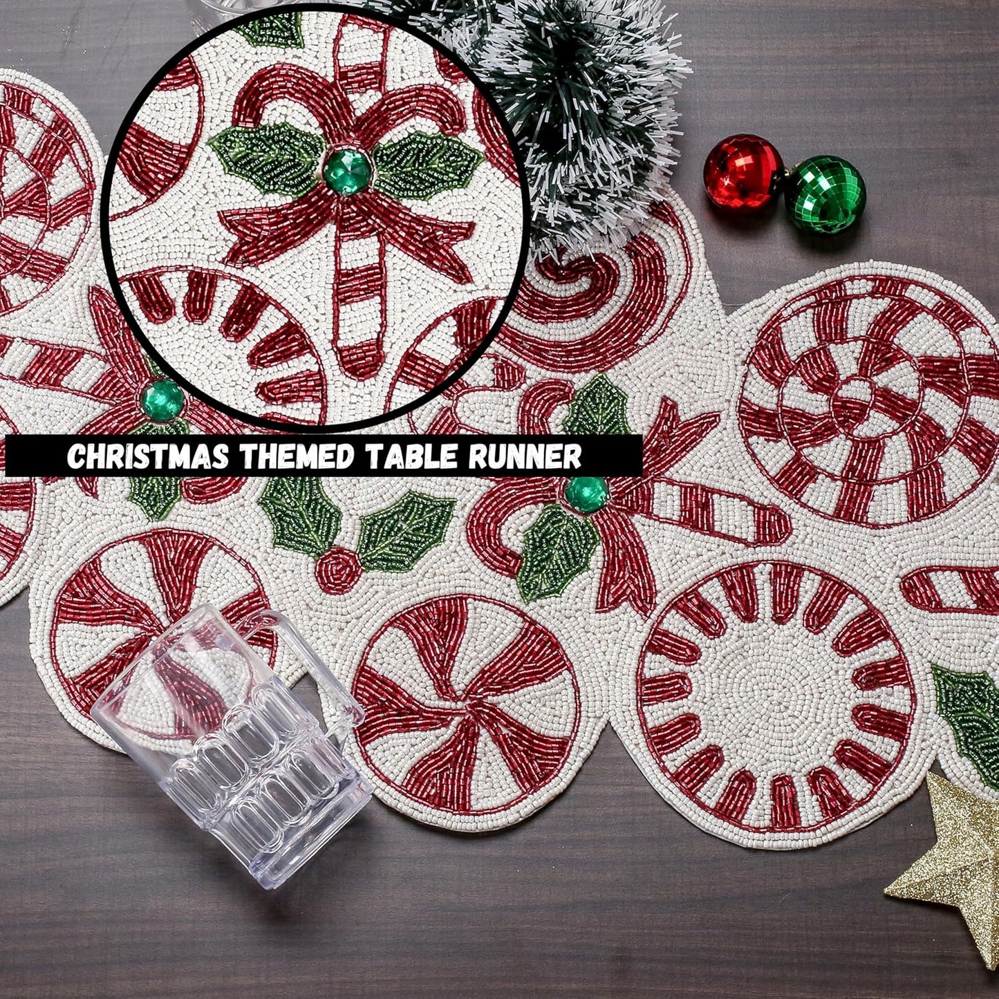 CLEENTABLE Handcrafted Beaded Table Runner – 36"x13" Art Deco Home Decor & Luxury Dinner Table Centerpiece in Vibrant Cherry Reddish with 85% Glass Beads, Durable Polyester Backing