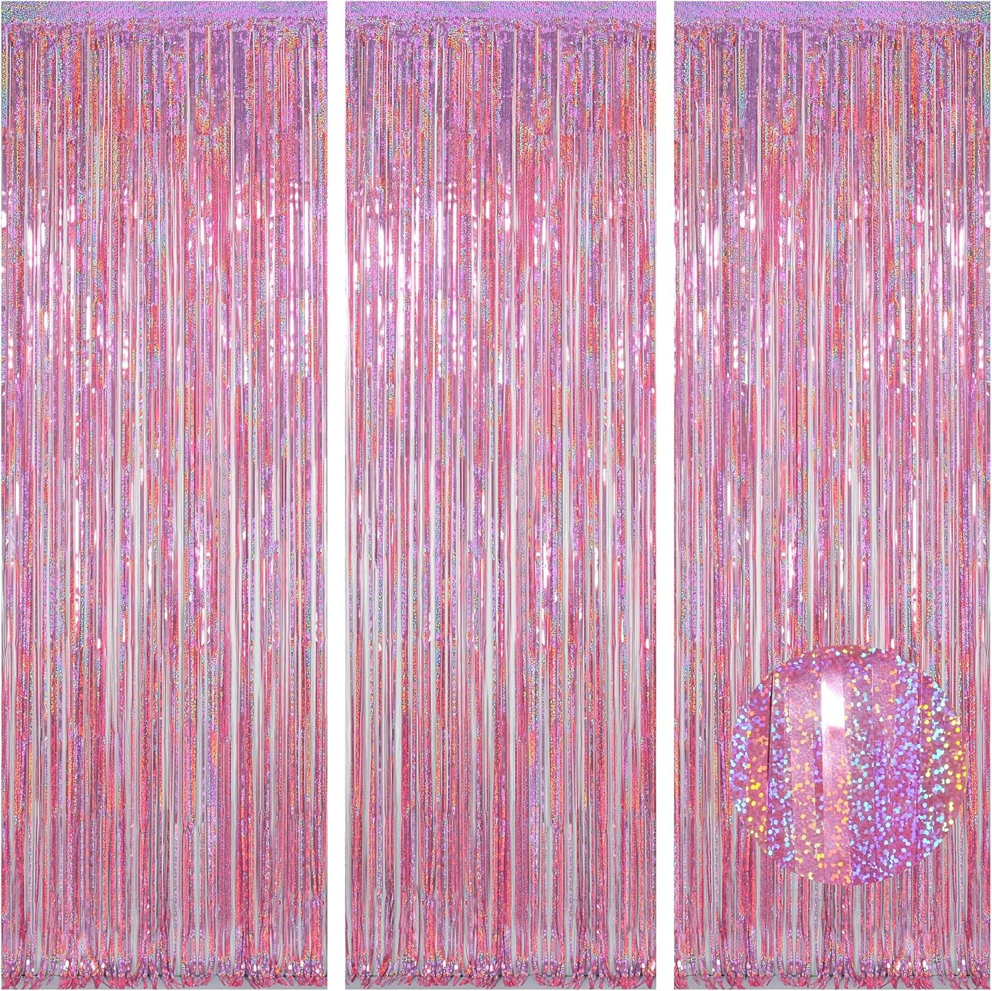 Melsan 3 Pack 3.2 x 8.2 ft Foil Fringe Curtains - Pink Tinsel Curtain Unicorn Birthday Hello Kitty Birthday Decorations Photo Backdrop for Party Decoration Engagement or Bachelorette Party Supplies