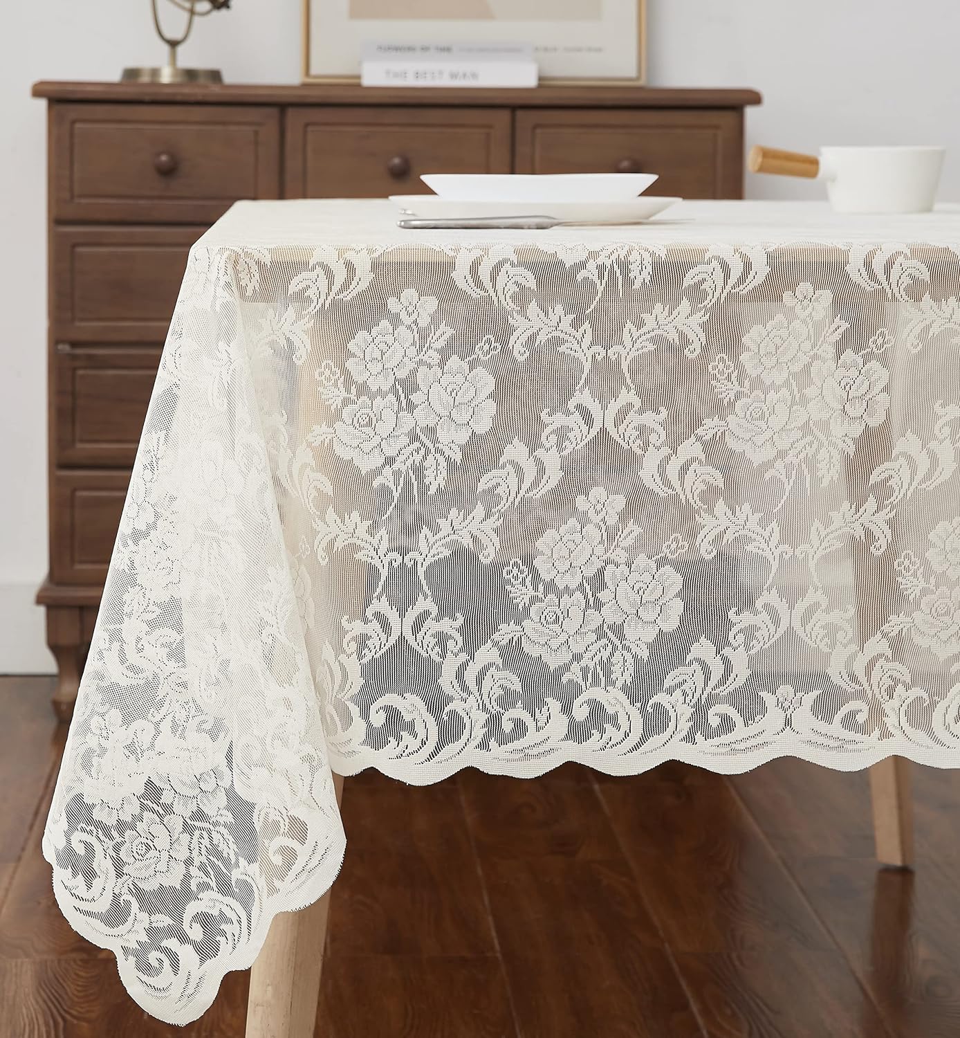 LinenZone Ivory Rectangle Tablecloth for Rustic Vintage Decor. Sheer Lace Works Great As Wedding, Thanksgiving or Christmas Tablecloth (Mia TC 60 x 84, Ivory)