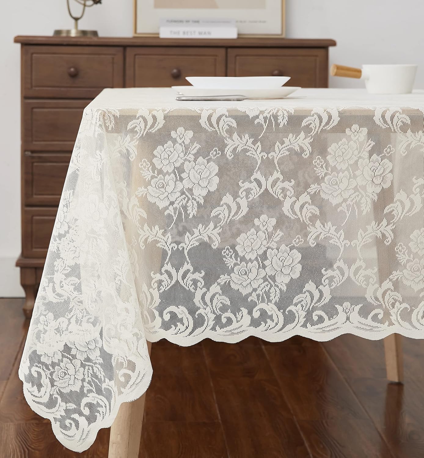 LinenZone Ivory Rectangle Tablecloth for Rustic Vintage Decor. Sheer Lace Tablecloth Works Great As Wedding Tablecloth, Thanksgiving Tablecloth or Baby Shower Tablecloth (Mia TC 54 x 72, Ivory)